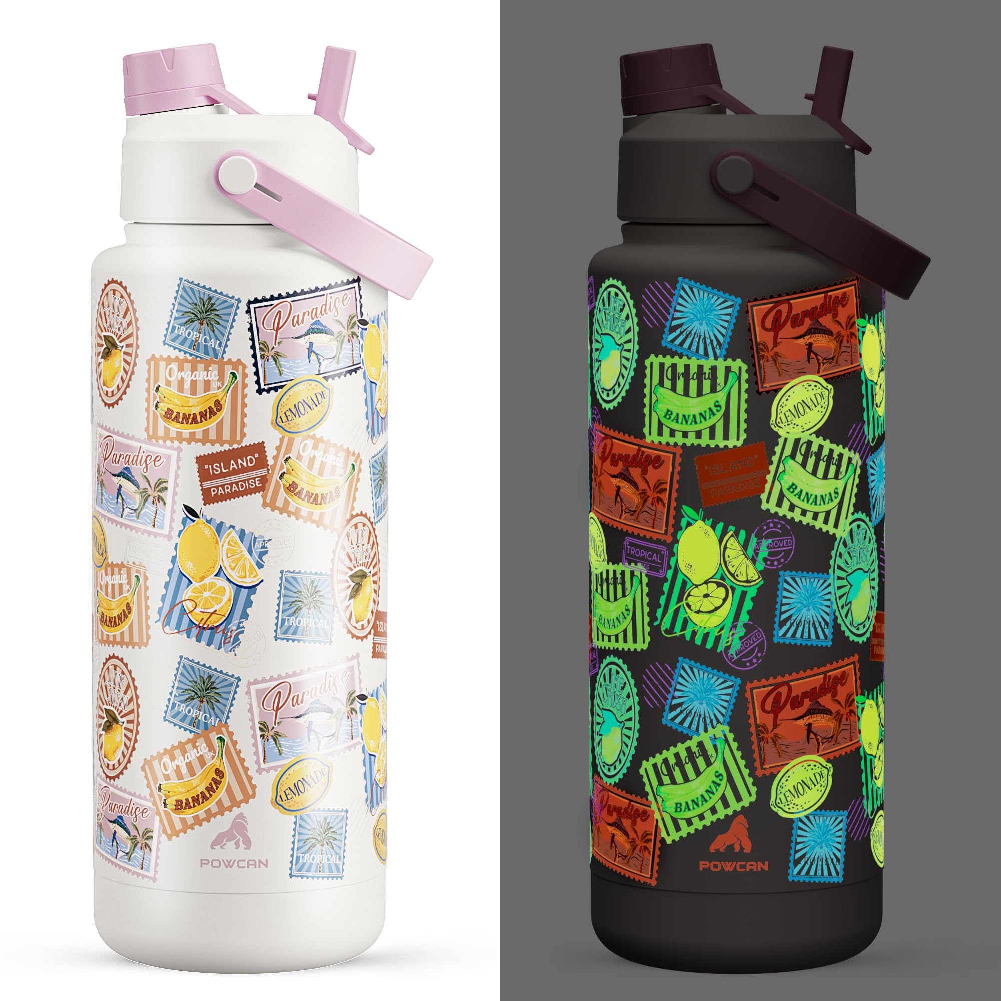 POWCAN 40 oz Insulated Water Bottle with 2-in-1 Straw and Spout Lid, Glow-in-the-Dark, 24H Cold, Leakproof, BPA-Free, Double Wall Stainless Steel for Sports, Gym, Travel, and School (Island Post Co.)