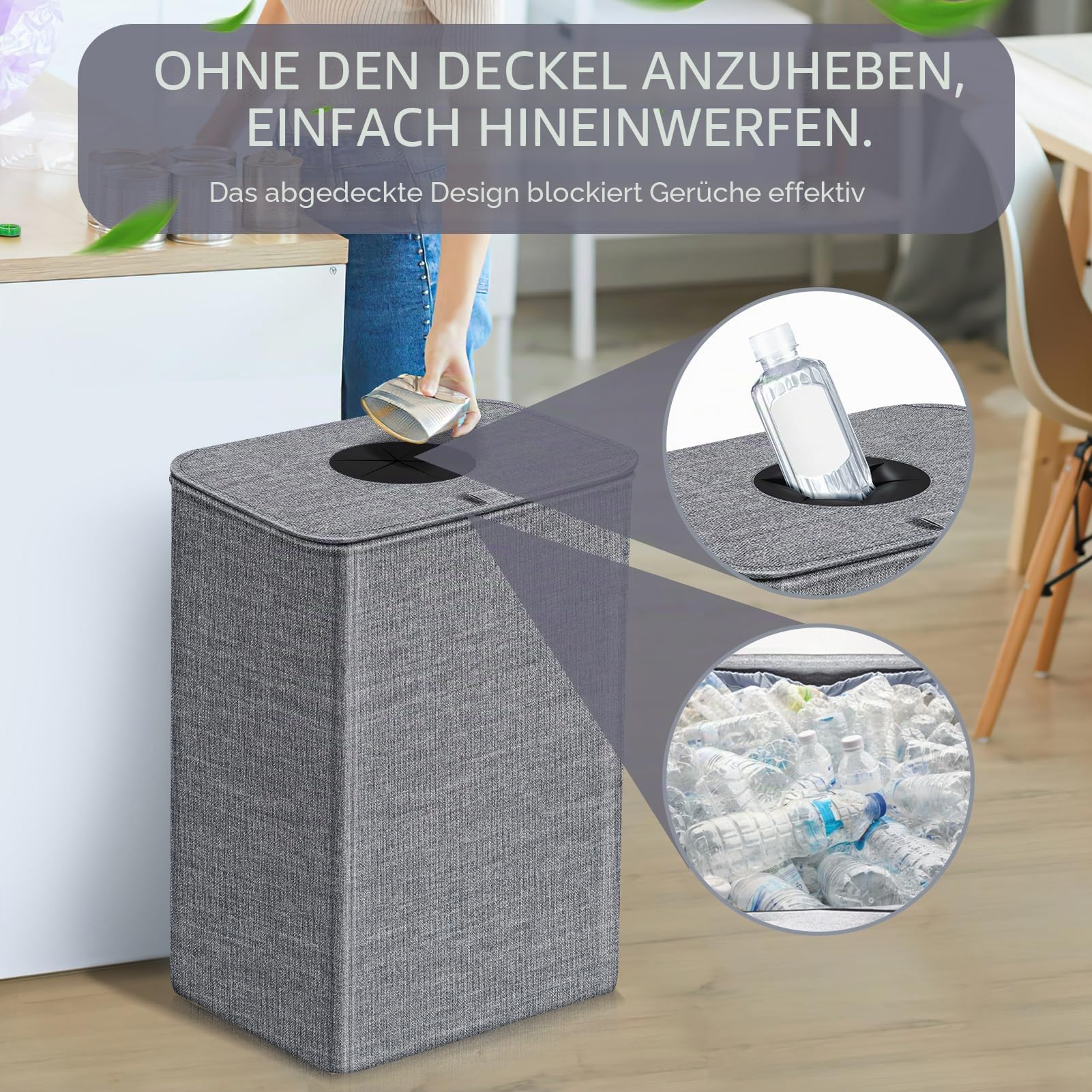 Pfandflaschen Sammelbehälter mit Deckel Abnehmbarem Beutel, 100L Recyclingbehälter Pfandflaschen Aufbewahrung Mülleimer Küche Pfandbehälter Sammel-Behälter Leergut Altglas Aufbewahrung (grau)