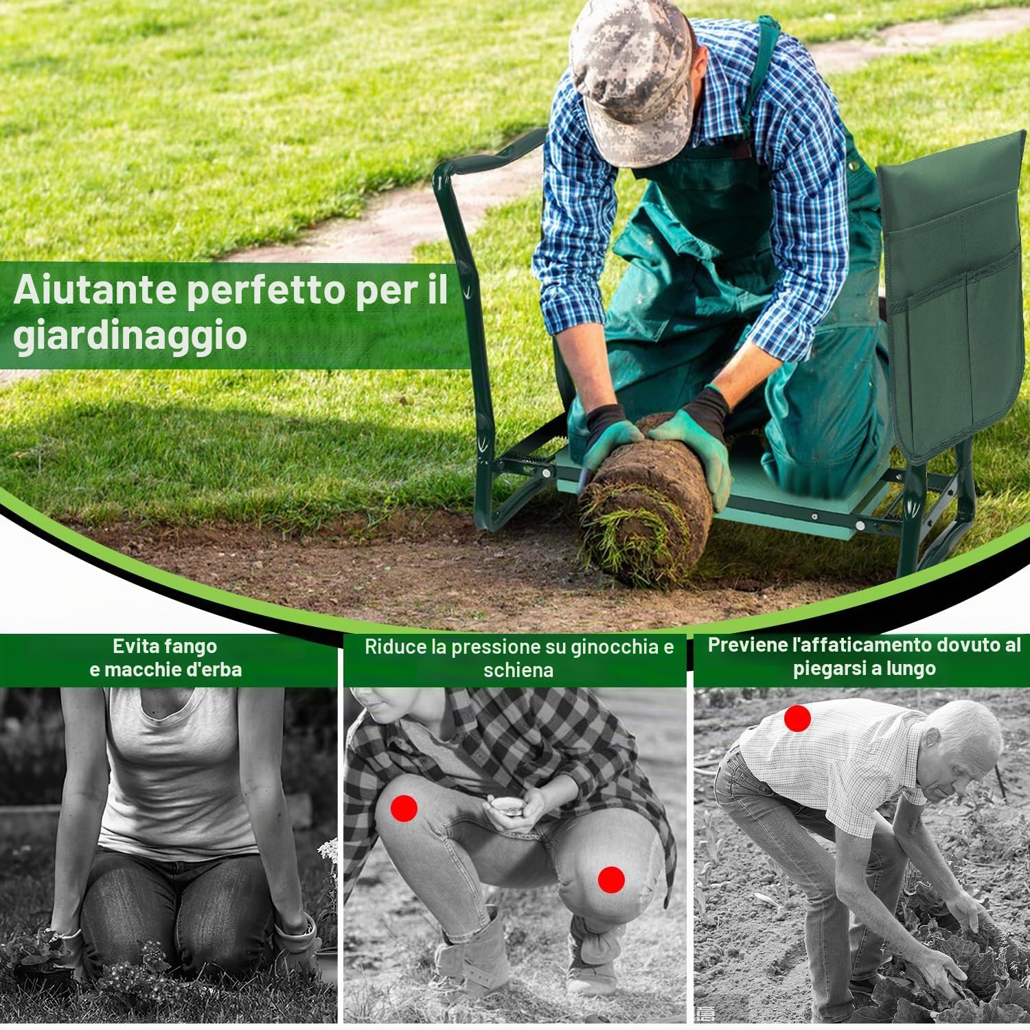 Randaco - Sgabello da giardino con tappetino in schiuma EVA, portatile, pieghevole, con borsa per gli attrezzi, per lavori di giardinaggio, portata fino a 150 kg