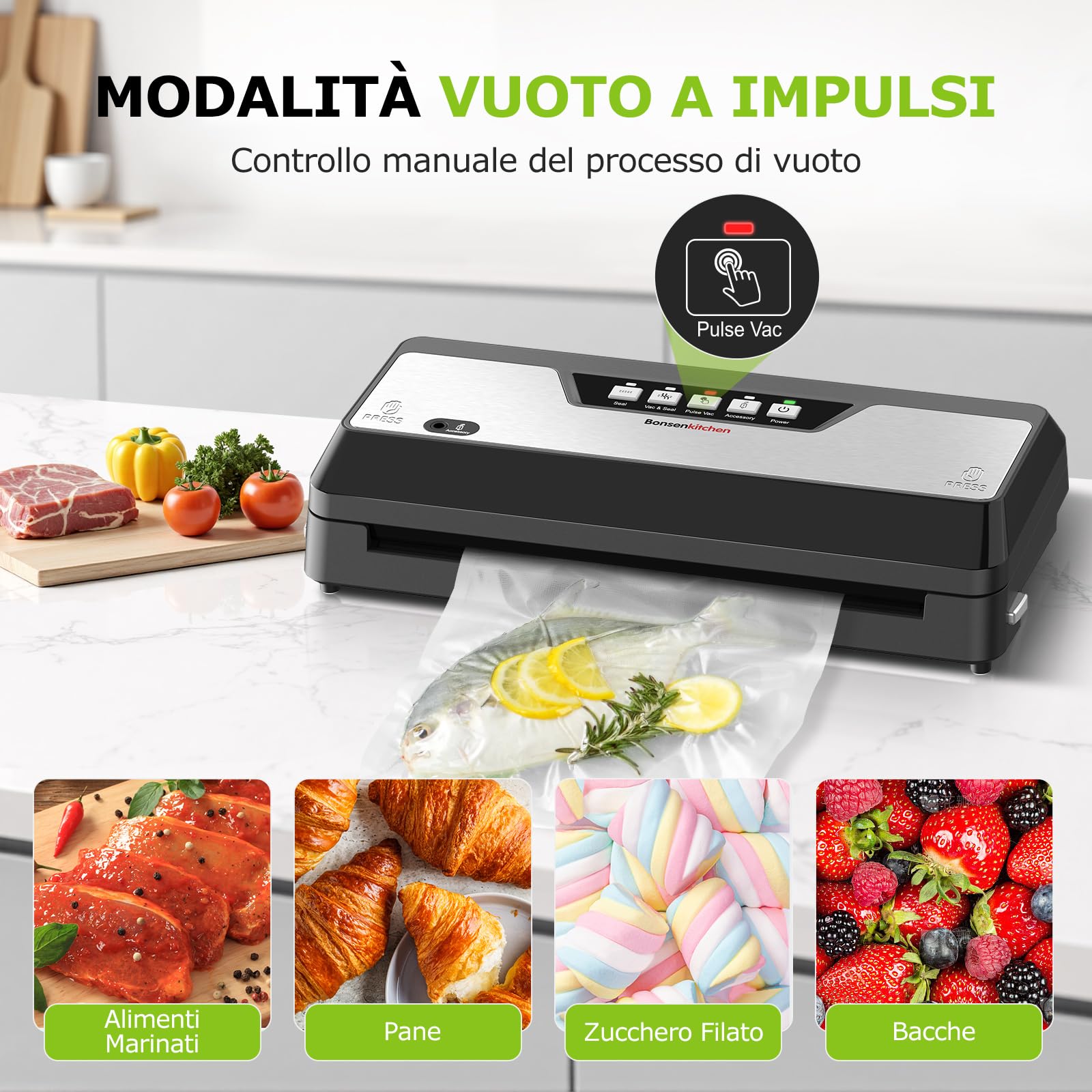 Bonsenkitchen Macchina Sottovuoto Alimenticon Taglierina Integrata e Vano Porta Sacchetti per Cottura Sous Vide e Preparazione Pasti | 4 Modalità | 1 Rotolo di Sacchetto e 5 Sacchetti, Nero