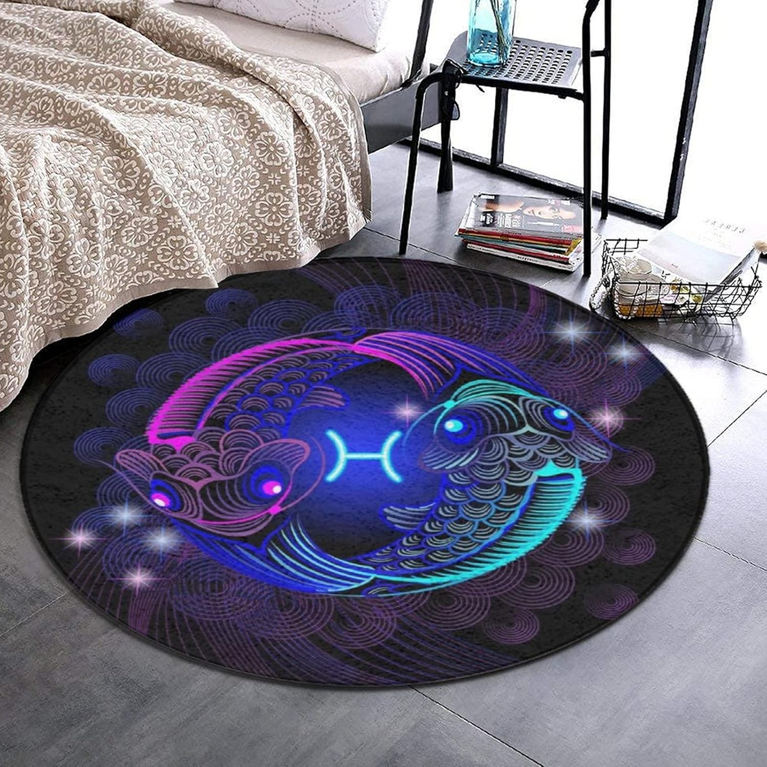 Fashion Round Area Rug Soft Flannel Throw Rugs Non-Slip Floor Carpet Home Decor for Living Room Bedroom Office, Constellation Zodiac Sign Pisces, 24 Inch Diameter
