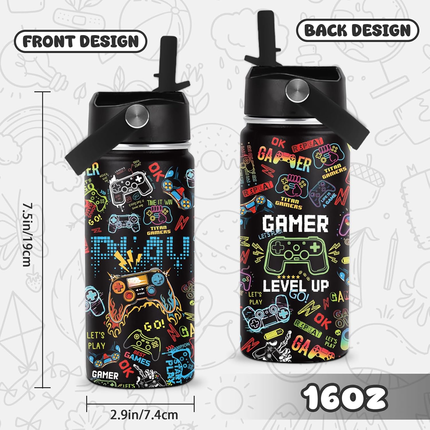 Gaming Gifts for Gamer Boys, 16oz Game Water Bottle for Kids, Gaming Controller Insulated Stainless Steel Tumbler, Birthday Gifts for Gamer Boys Kids Teen Adults Gamings Cup - Image 3