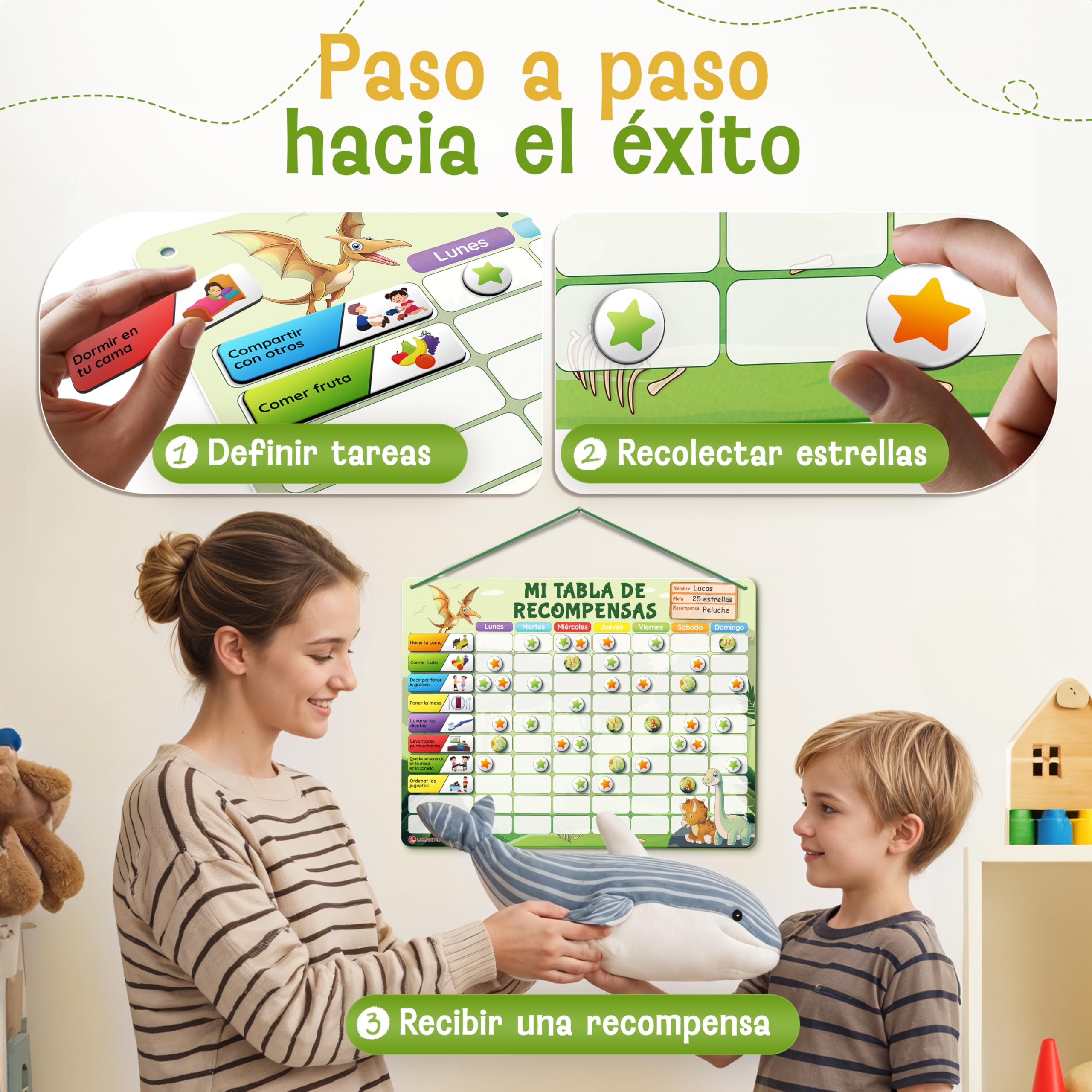 LIKARTO Tabla de Recompensas para Niños - Pizarra magnética con muchas tareas y 280 imanes - Inspira el buen comportamiento - Calendario educativo infantil - Verde — view 5