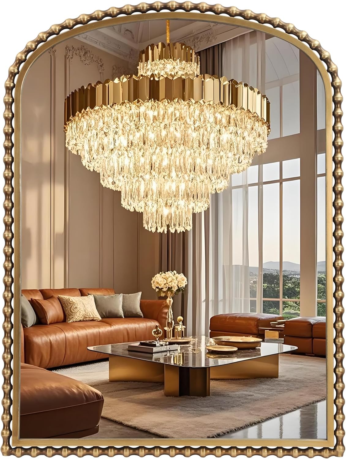 30x40 Inch Arched Wall Mirror, Antique Gold Beaded Metal Frame, Large Vertical Wall Mirror for Entryway, Bedroom or Hallway, Decorative Wall Mounted Mirror