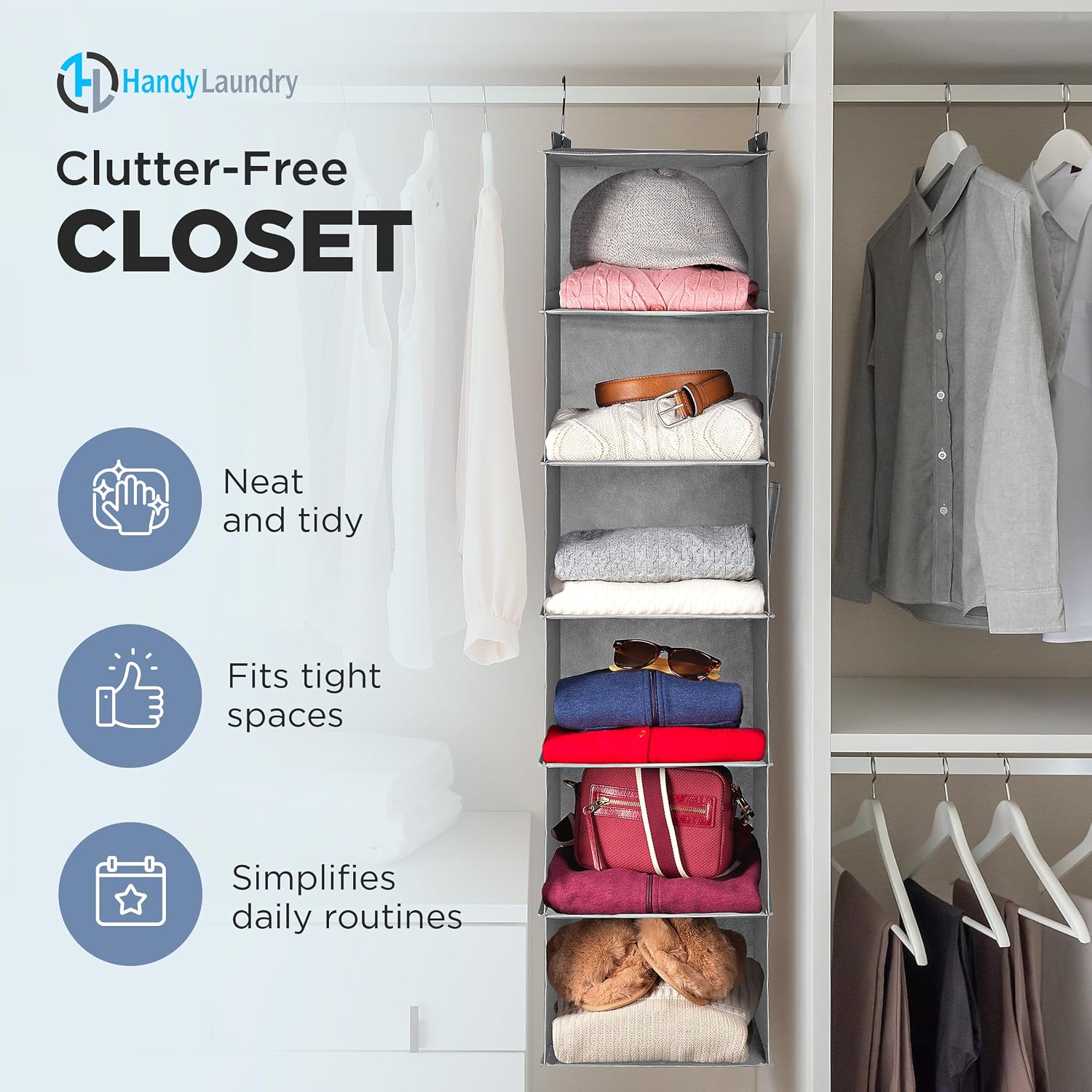 Handy Laundry Hanging Closet Organizer - 6 Shelf Storage for Clothes, Sweaters, Shoes & Accessories - Space-Saving Wardrobe Shelves with Hooks for Dorm, RV & Small Closet Organization (Grey)
