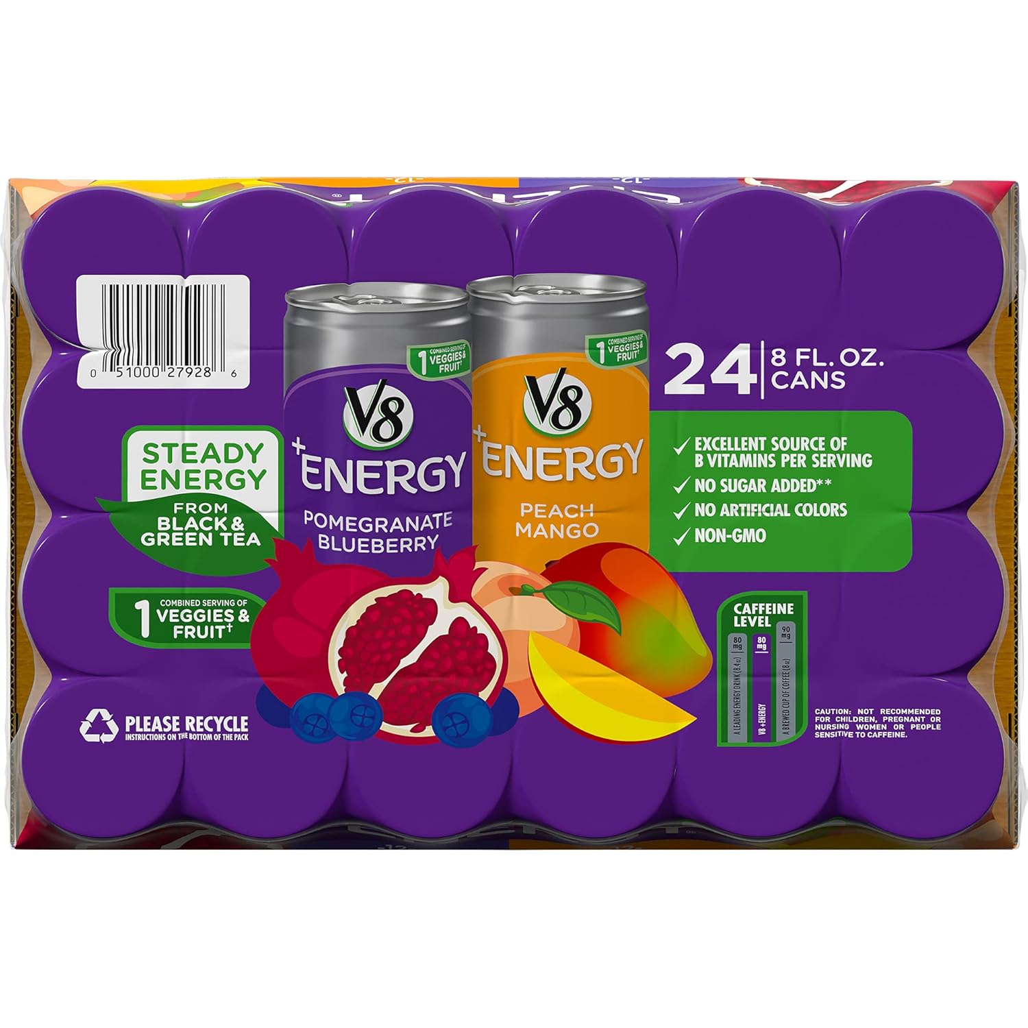 V8 +Energy Variety Pack, Healthy Energy Drink, 12 Pomegranate Blueberry and 12 Peach Mango, 8 Oz Can)