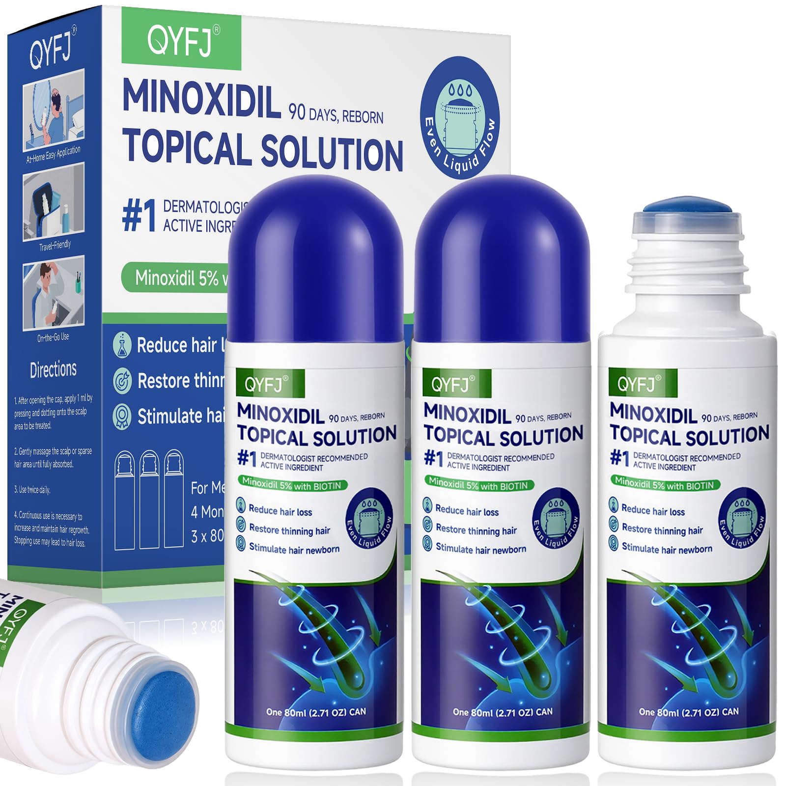 3 Pack 5 Minoxidil for Men and Women Minoxidil Beard and Hair Growth Serum Biotin-Infused with Sponge Applicator