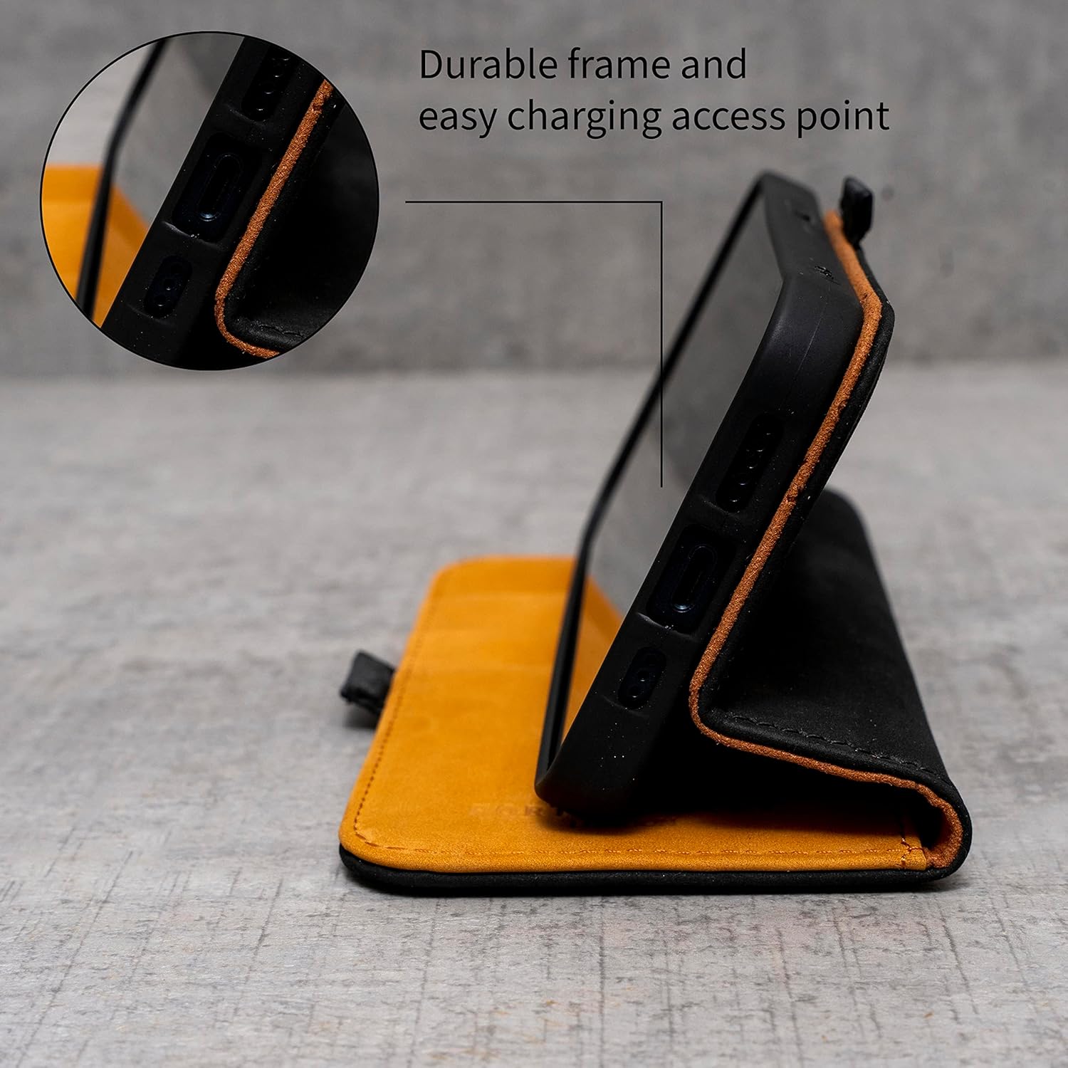 Porter Riley - Leather Case Compatible with iPhone 17 Pro Max. Premium Genuine Leather Stand/Cover/Wallet/Flip Case with Card Slots & Horizontal Stand (Black & Tan) - Image 4