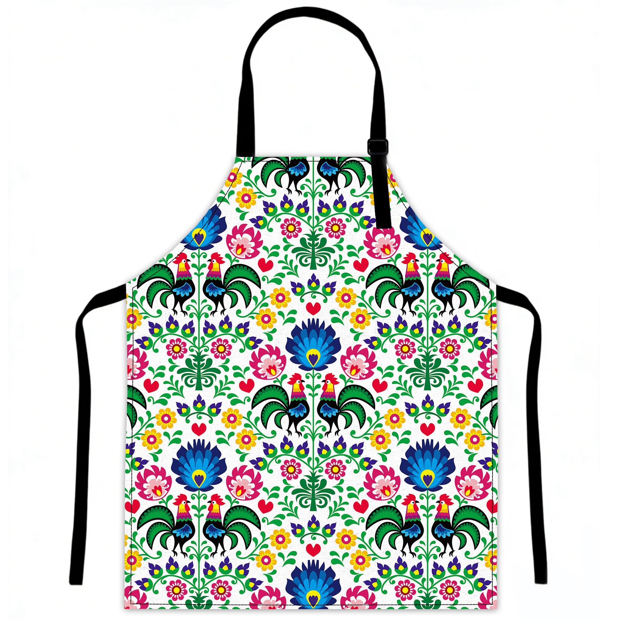 Lqebuy Women's Polish Floral Roosters Kitchen Aprons Adjustable Cooking Apron Bib For Men Chef Cooking Baking Gardening