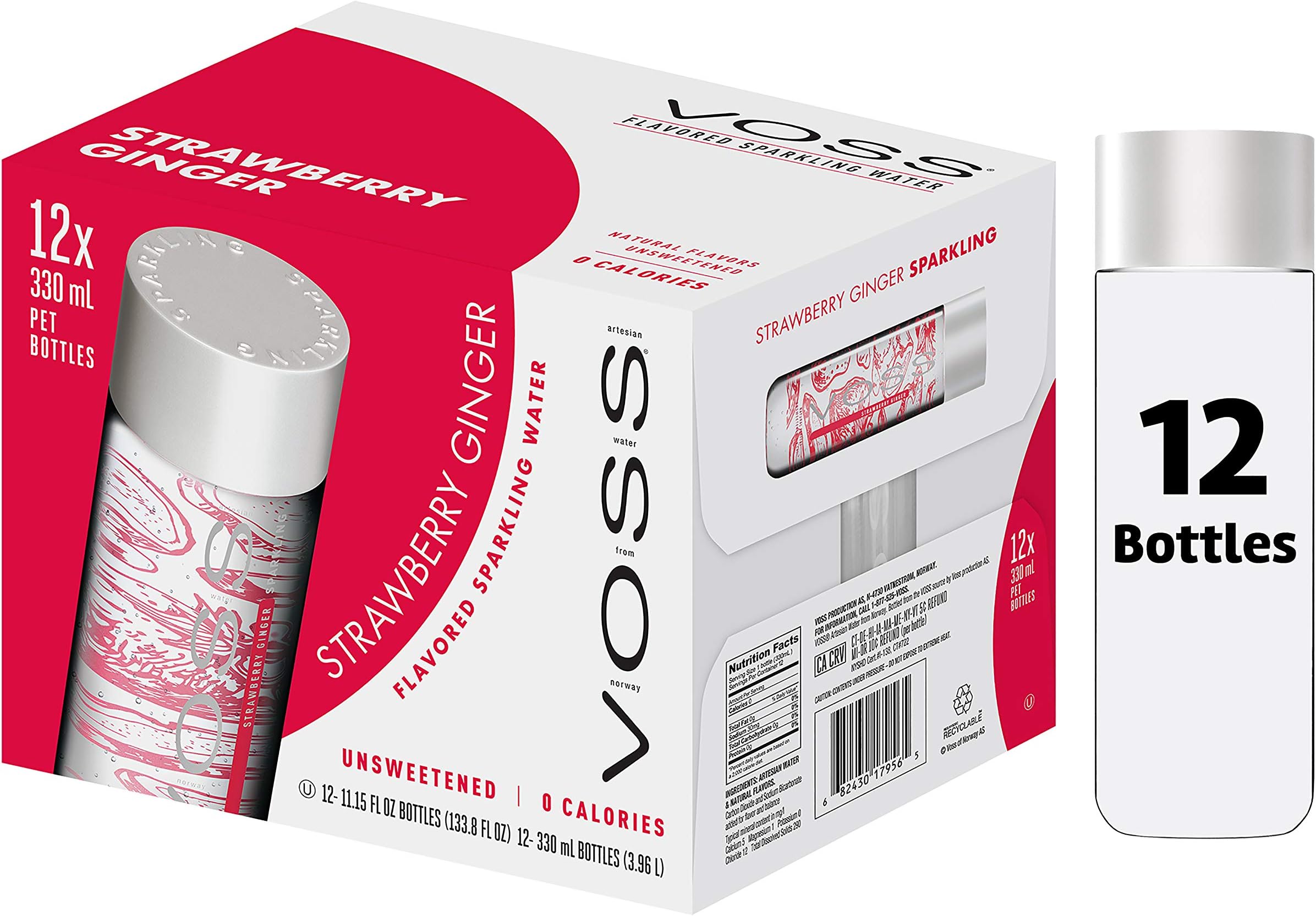 VOSS UK Water, Flavoured Sparkling Water, Strawberry Ginger, Zero Calories, No Sugar, Natural, PET Water Bottles, Bulk Pack of 12 x 330 ml
