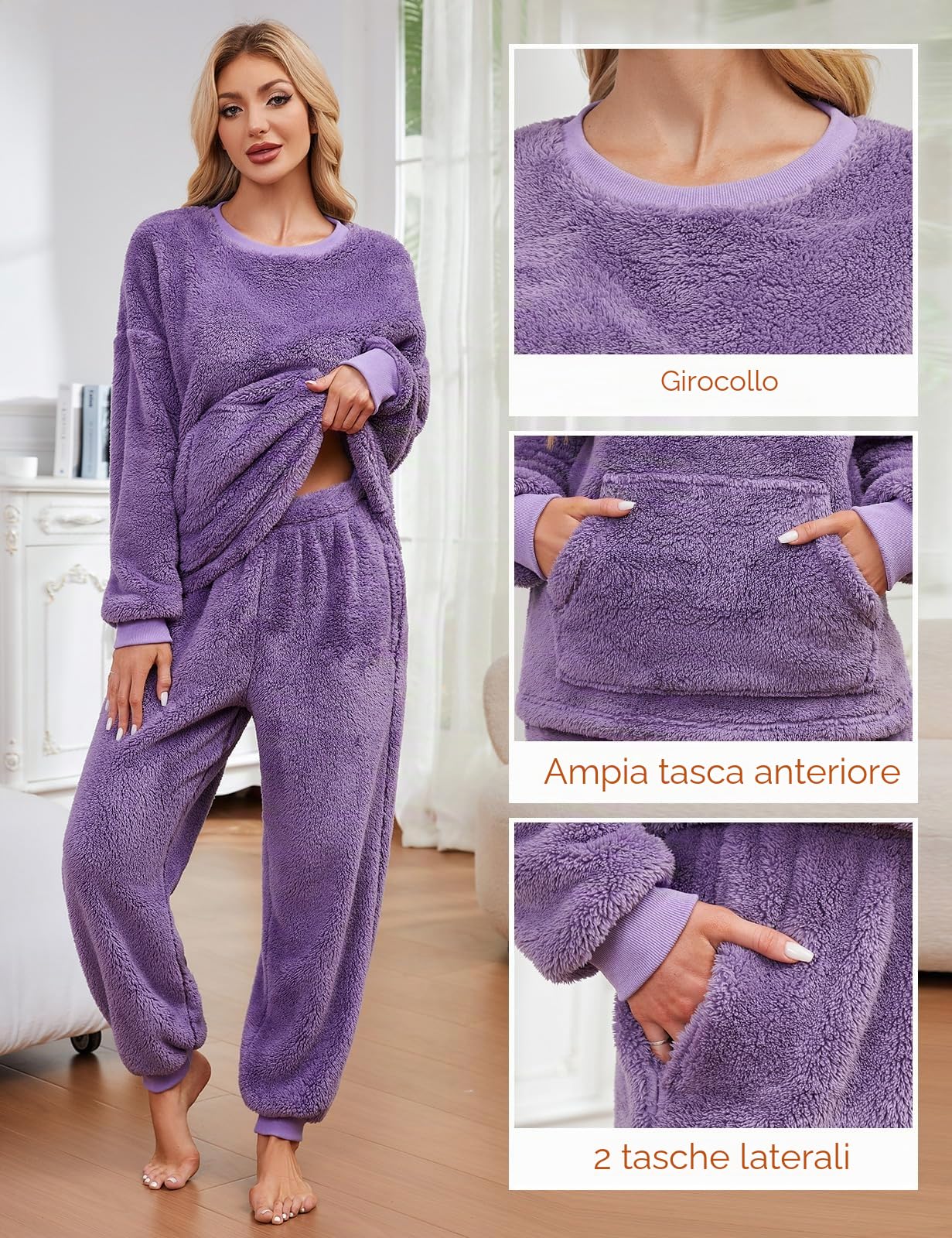 UMIPUBO Pigiama Donna Invernale Felpato Pigiami in Pile Caldo Set Due Pezzi Tuta Termico Invernali Completo da Casa Top a Maniche Lunghe e Pantaloni Lounge Morbido Sleepwear con Tasche
