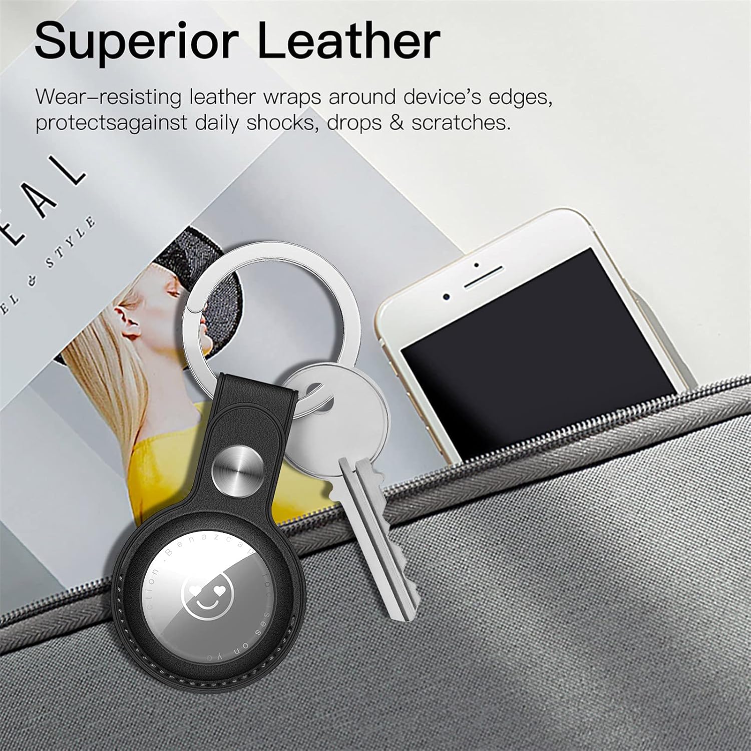 [4-Pack] Benazcap Case for AirTag, PU Leather AirTag Holder with Keychain Hanging on Dog Collar Backpacks Wallet, Safety Anti-Lost Airtag Case Cover with Key Ring, Multicolor