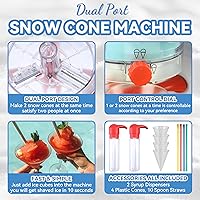 Vista 4 de Kit de máquina de cono de nieve, máquina de hielo afeitado de doble puerto, afeitadora de hielo eléctrica, 2 dispensadores de jarabe, 4 conos