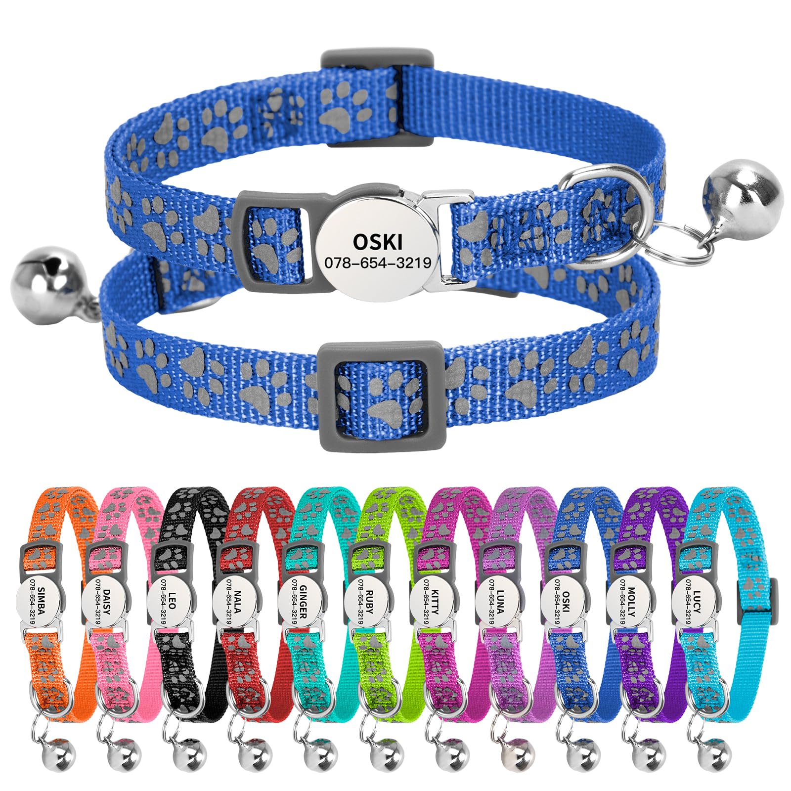 Personalised Reflective Cat Collar with Name Tag,Quick Release Kitten Collars with Bell Safety Buckle, Adjustable Nylon Cat Collar for Cats Kittens UK Prime (19–30 cm, Dark Blue Paw) — image 1