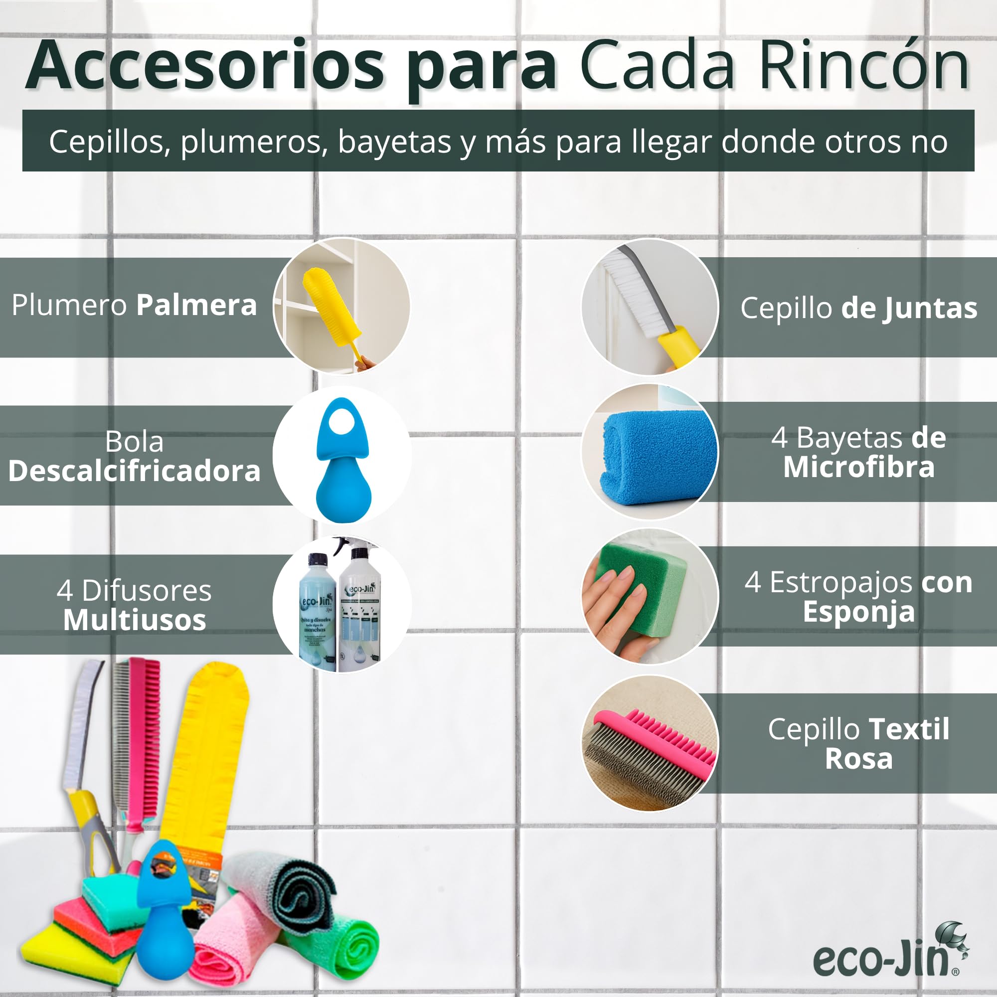 Eco-Jin Pack (SPA - Intense - Home - Neutro) | 4 Difusores | Plumero | Cepillo Juntas Amarillo | Cepillo Textil Rosa | 4 Bayetas Microfibra | 4 Estropajos con Esponja | Bola Descalcificadora