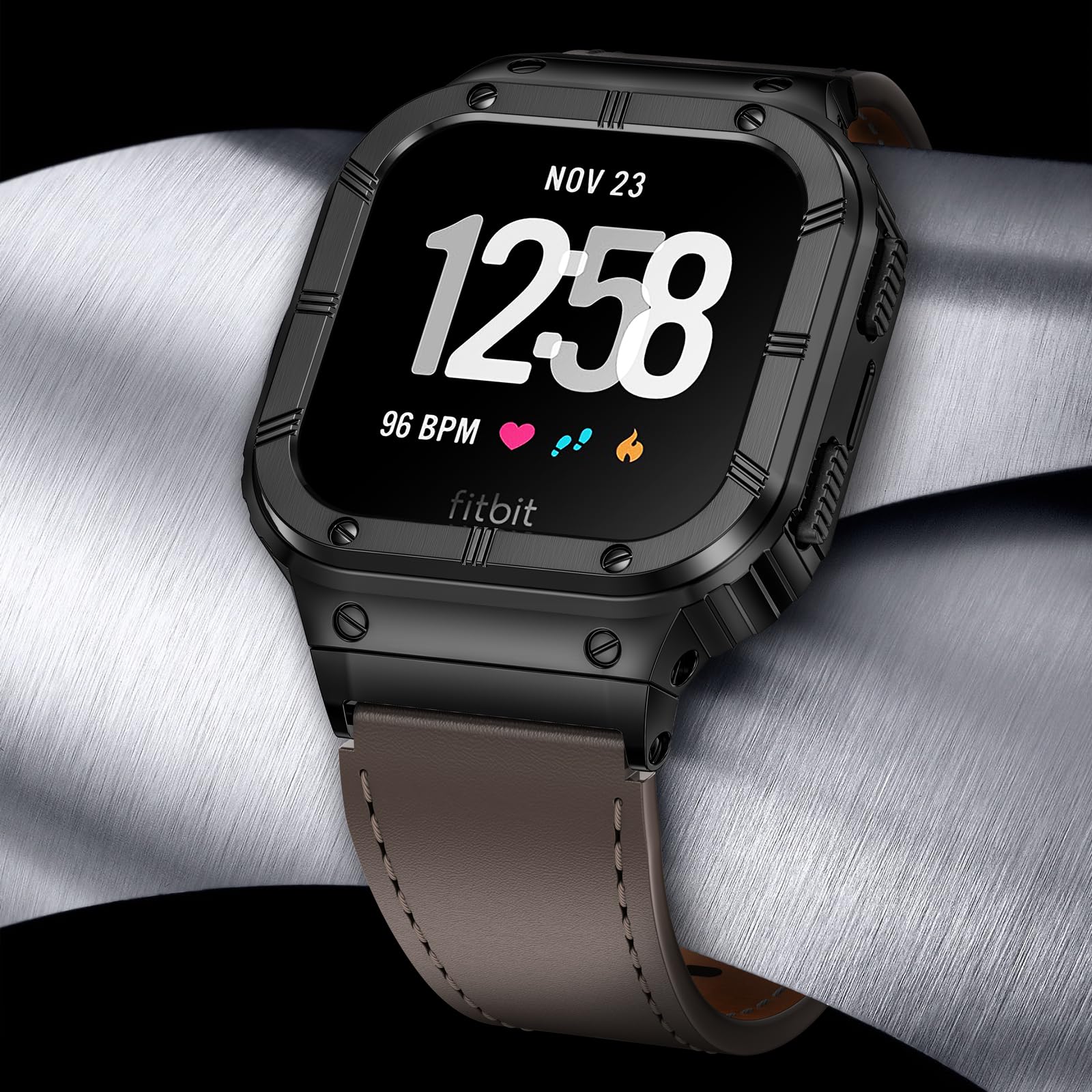 BAITEYOU Leather Bands with Stainless Steel Case Compatible with Fitbit Versa 1 2 3 4 Lite, Fitbit Versa Lite/Fitbit Sense 2/ Fitbit Sense Band, Protective Case Smartwatch Straps Wristbands Men women