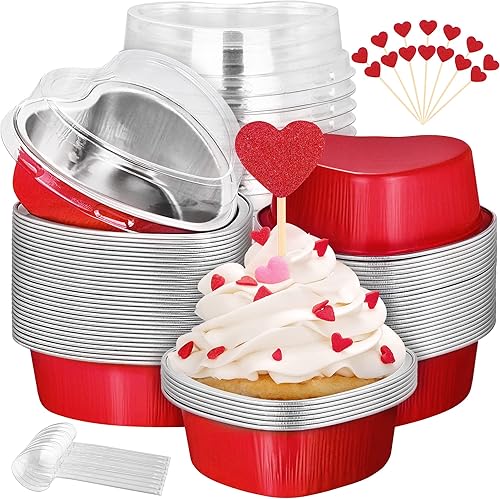 Fovths Paquete de 60 moldes para tartas en forma de corazón para el día de San Valentín con tapas, desechables de papel de aluminio para cupcakes