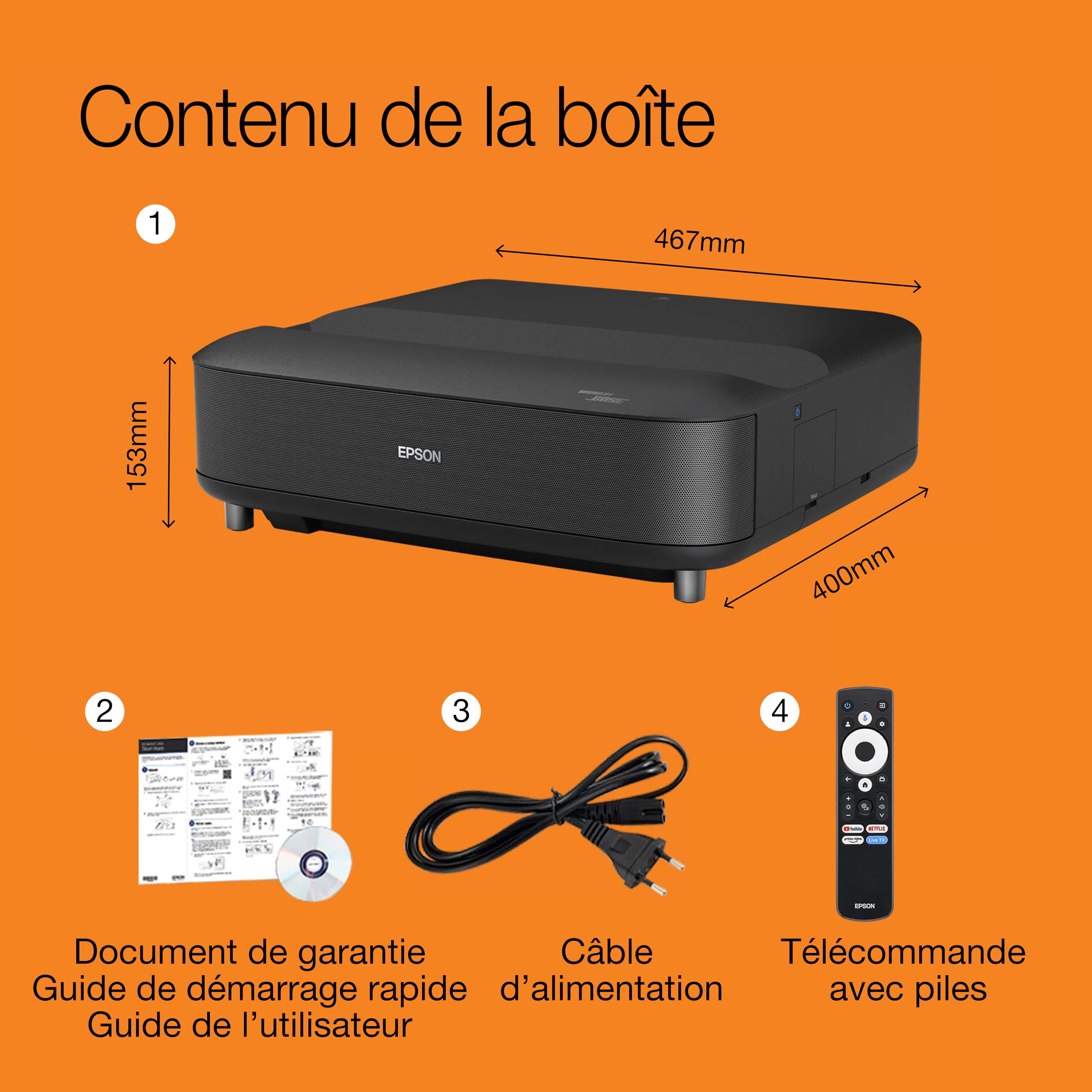 Epson Lifestudio Grand EH-LS670B | Project. laser TV intell. ultracourte focale | Home Cinéma 4K PRO‑UHD | 3 600 lumens | Imagerie IA | Sound by BOSE | Google TV | Écran 120 po | Garantie 5 ans | Noir