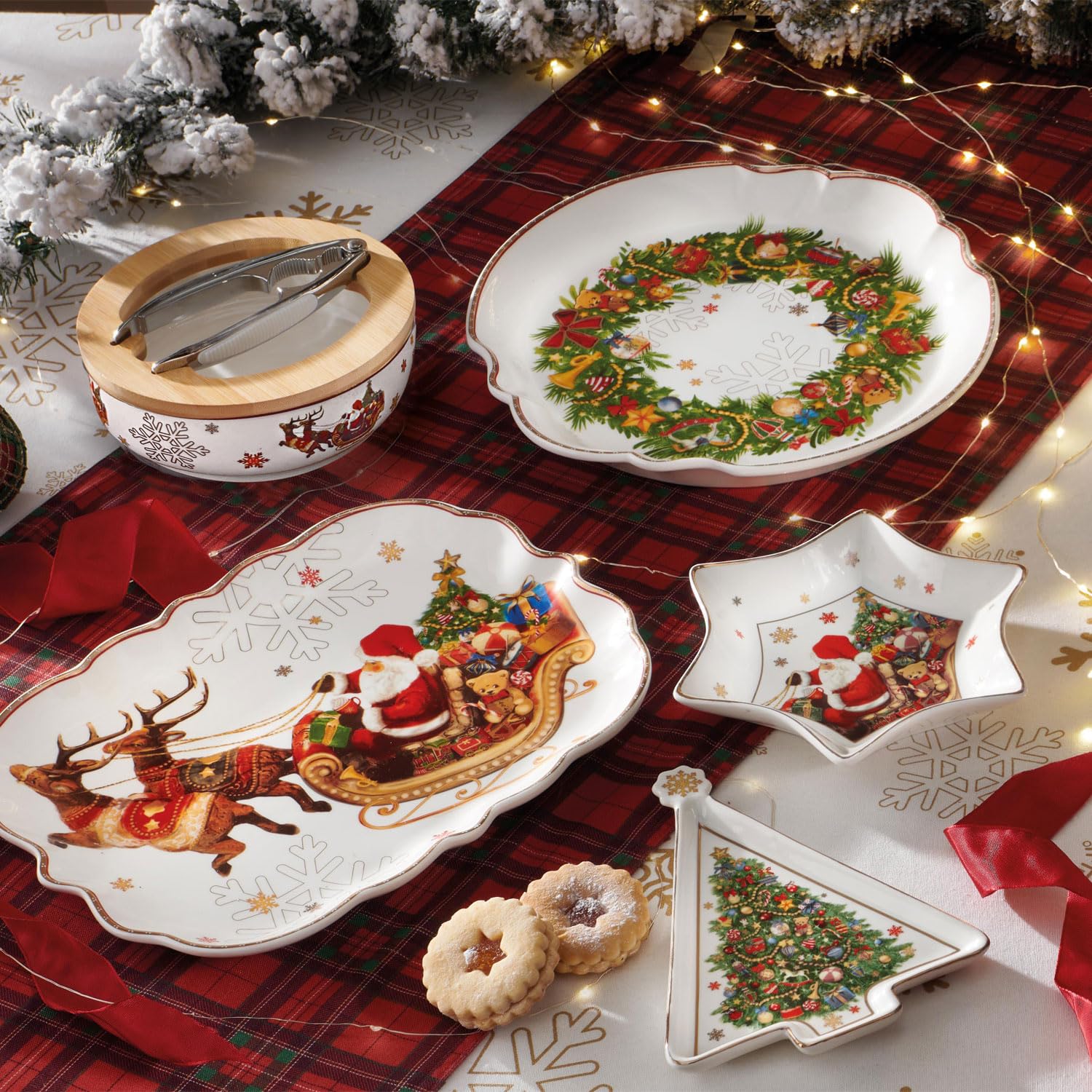 BRANDANI Talerz do ciasta na stół bożonarodzeniowy Boże Narodzenie 89922 porcelana biała zielona 33 cm