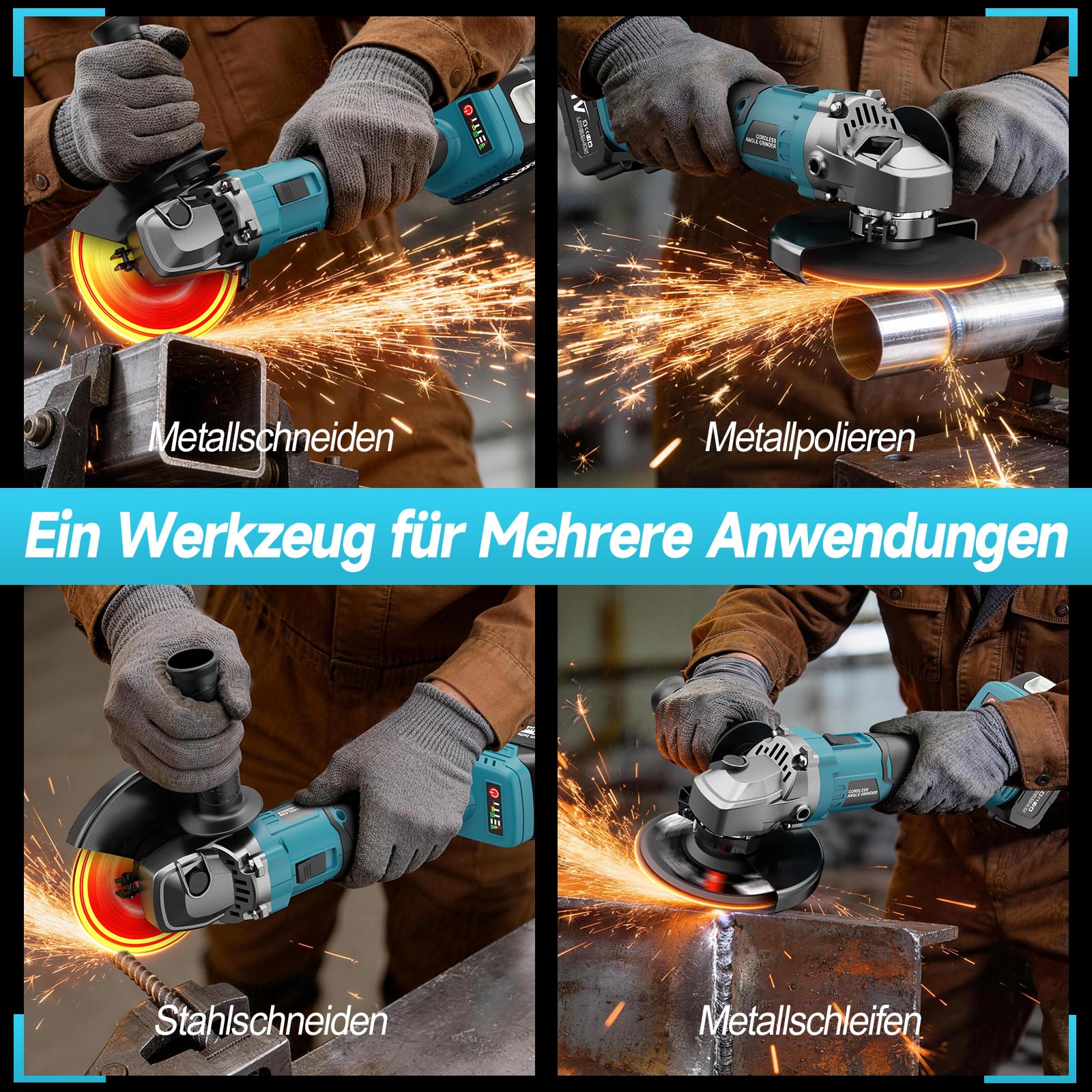 Yofuly Akku Winkelschleifer 125mm Kompatibel mit Makita 18V Akku, 3 Gang Drehzahlregelung 9000RPM, Akku Flex mit 2 * 4.0Ah Batterie, 2 Trennscheiben, 2 Fächerscheiben, 2 Schleifscheiben