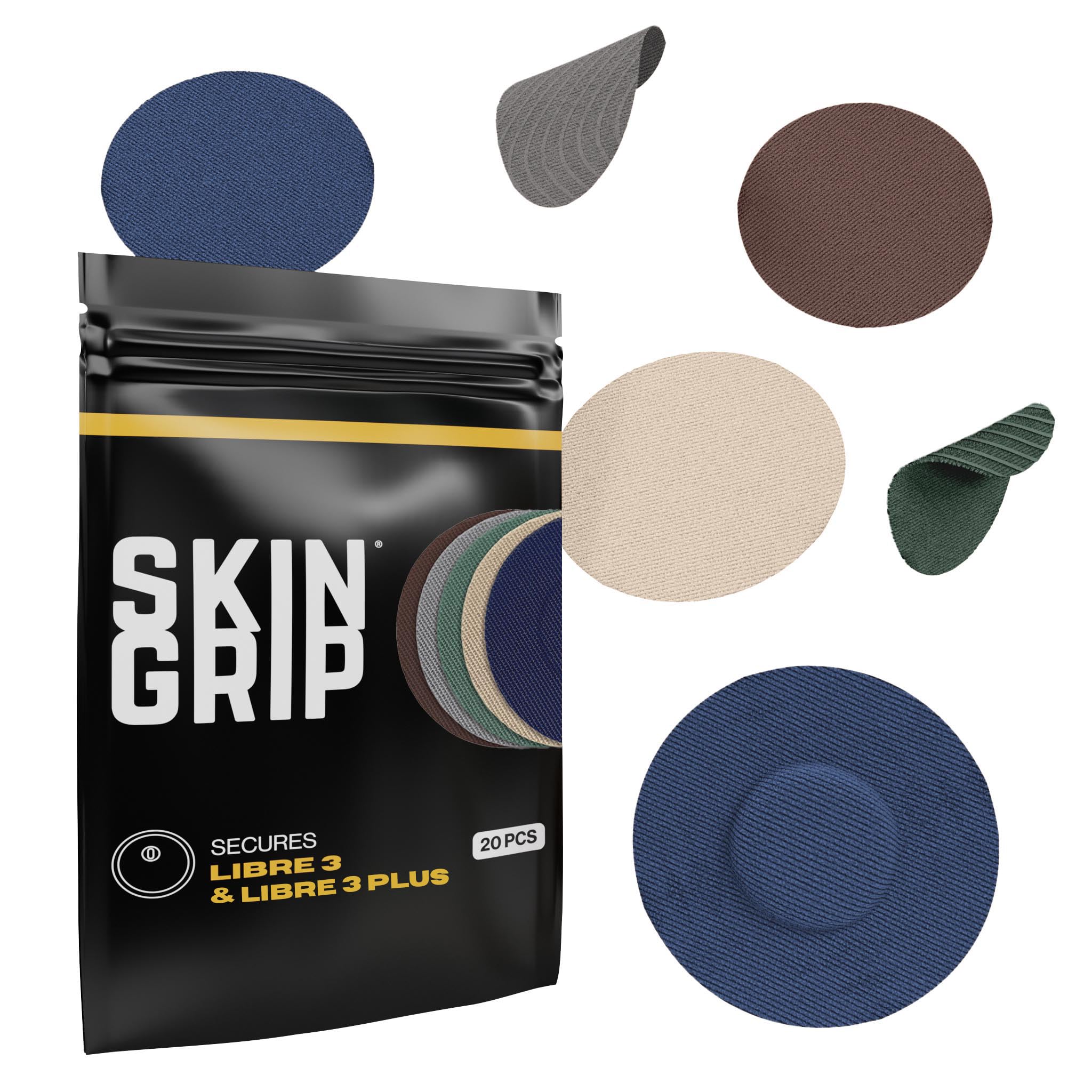 Skin Grip Freestyle Libre 3 & Instinct Sensor Covers- Waterproof & Sweatproof Adhesive Patches for 10-15 Days (Not for Libre2), Pre-Cut CGM Cover - 20 Pack, Basics Pack