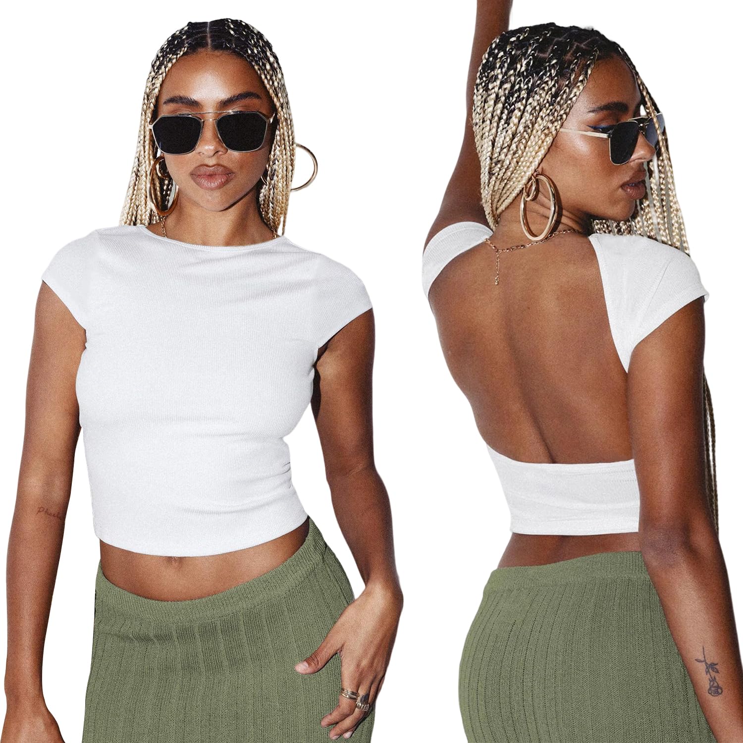 Linsennia Backless Top Y2k Summer Crop Tops for Women Short Sleeve Sexy Open Back T Shirt Ladies Slim Fit
