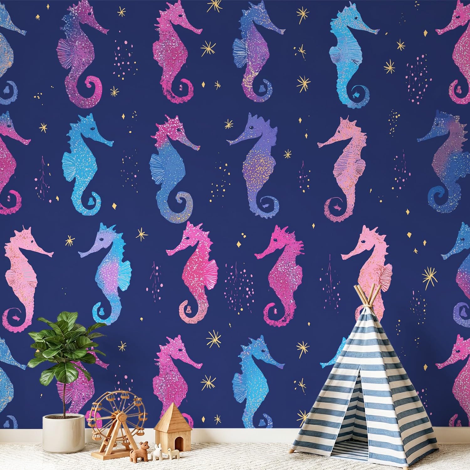 Tapeta 3D, kreskówka, fantazja, tajemnicza tapeta 400 x 280 cm, konik morski, tapeta ze zwierzętami, mural do sypialni, przedszkola, malowniczego ogrodu