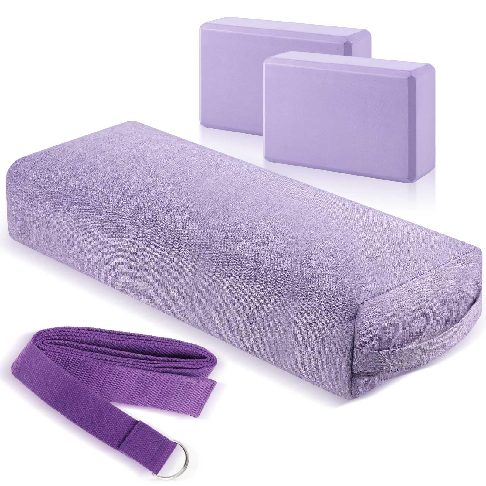 4 Pcs Yoga Bolster Pillows Blocks with Strap Set Comfortable Meditation Pillow for Restorative Non Slip Reusable Yoga Blocks for Balance, Pilates
