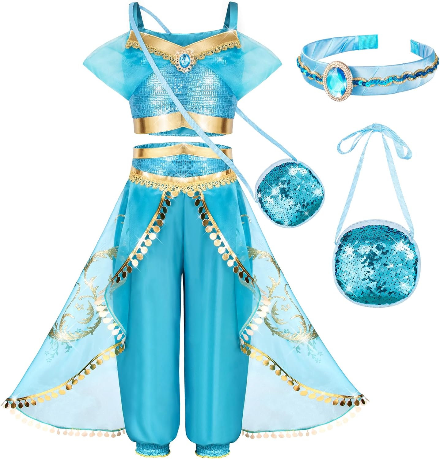 Arabian Princess Costume for Toddler Girls - with Sequin Small bag, Headband 4-5 Years Blue 51