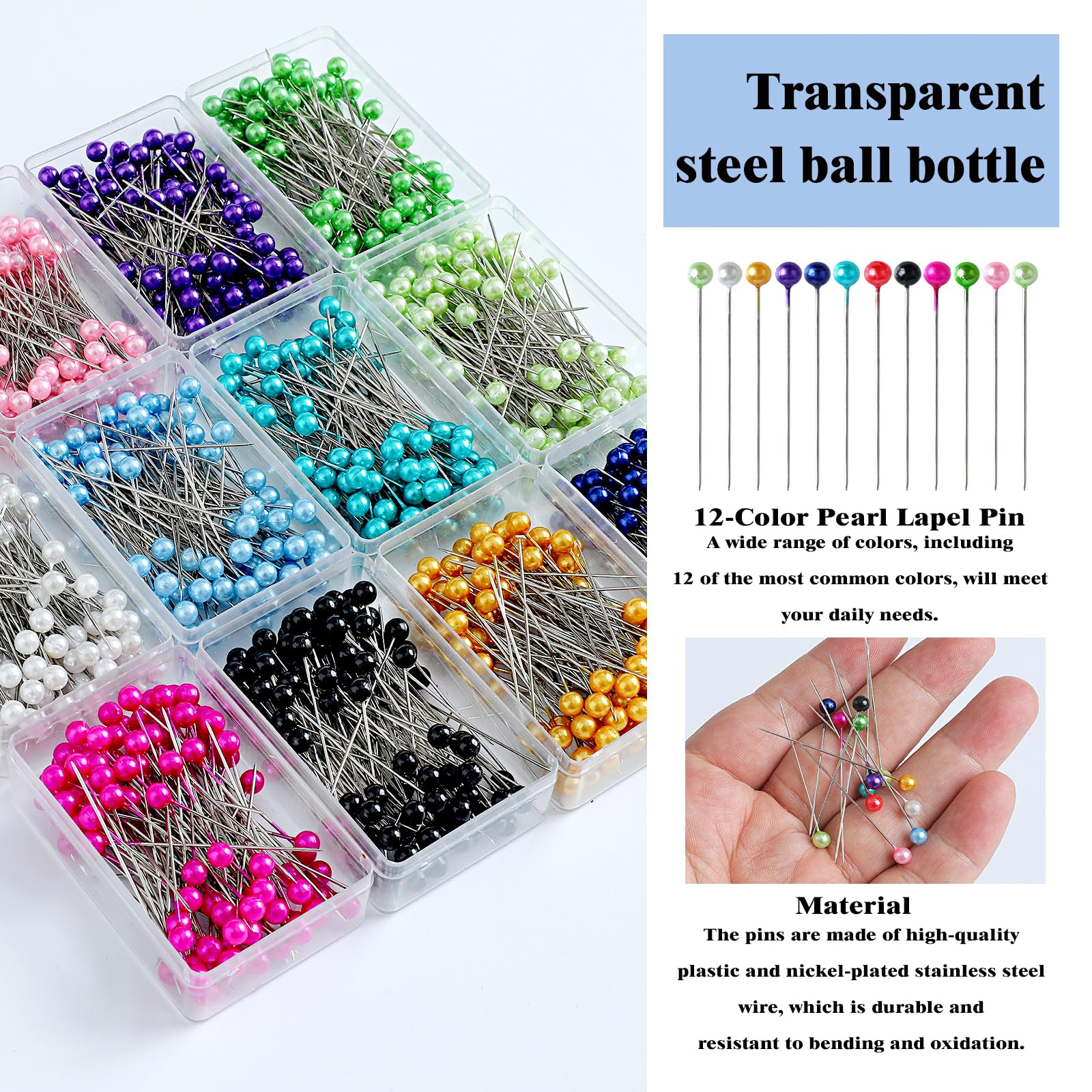FOLANDO Spilli per la testa, 1200 pezzi con testa, in acciaio inox con testa colorata, perline, aghi in plastica, multicolore, per cucito, artigianato, orlo, gioielli (12 colori
