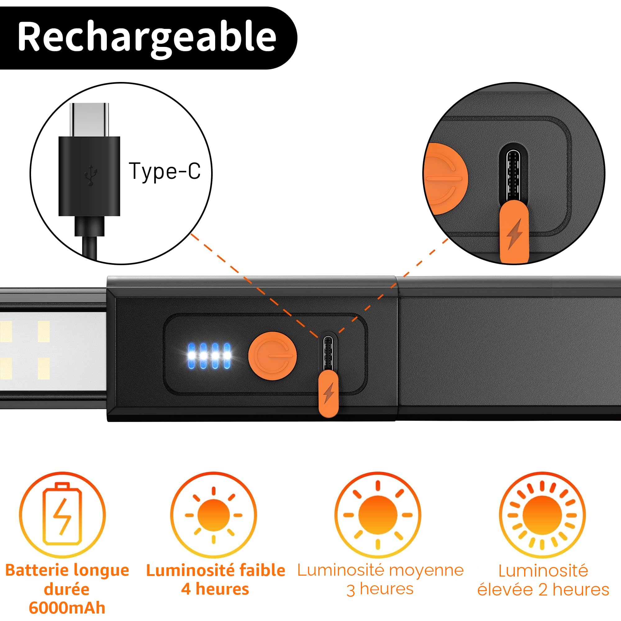 daphomeu Lampe de Travail LED Amovible Pour Compartiment Moteur En TôLe d'Aluminium - Rechargeable Avec Aimant Et Crochetm - LumièRe Claire Et Sans Fil Pour Capot Moteur