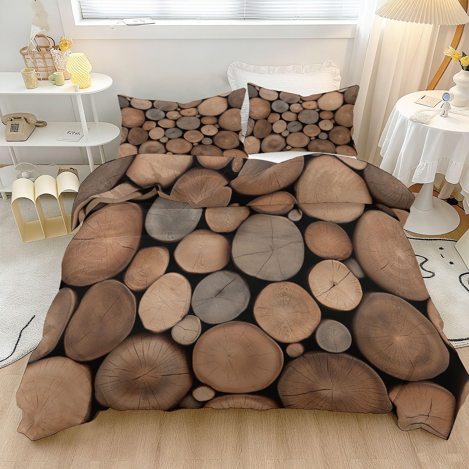 Housse de couette microfibre imprimée bois parure lit 220x240 cm adulte brun