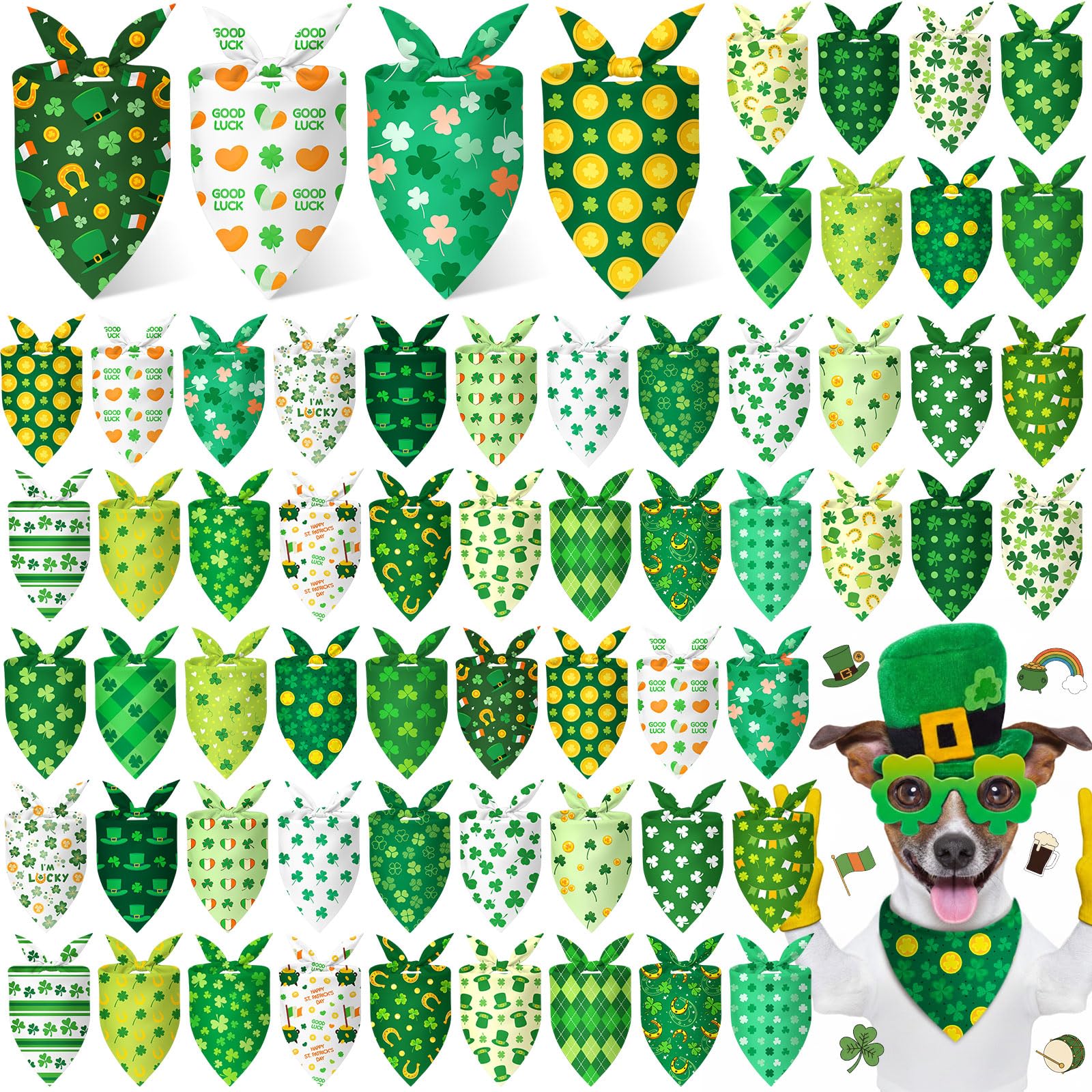 Chunful 60 Pcs St Patricks Day Bandanas Bulk for Dogs Adjustable Irish Shamrocks Clover Green Hat Plaid Triangle Soft Bibs Puppy Bandana for Small Medium Large Pet Costume(25.6 x 17.7 x 17.7 Inch)