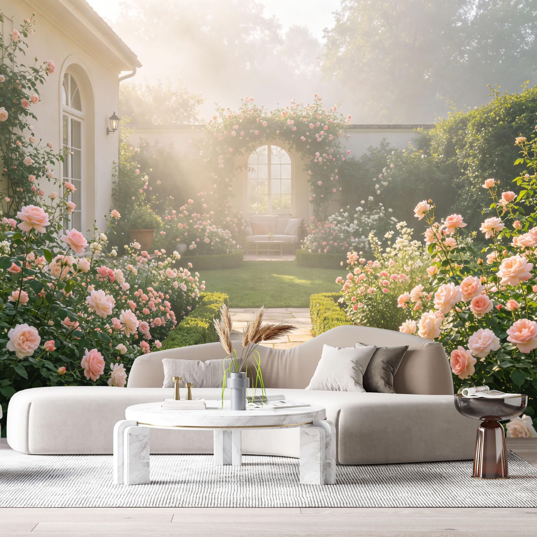 Custom Size Wall Murals Botanical Farmhouse Oil Painting Pink Rose Garden Sunlight Archway SelfAdhesive Wall Fabric Removable Large Wallpaper for Photo Living Room