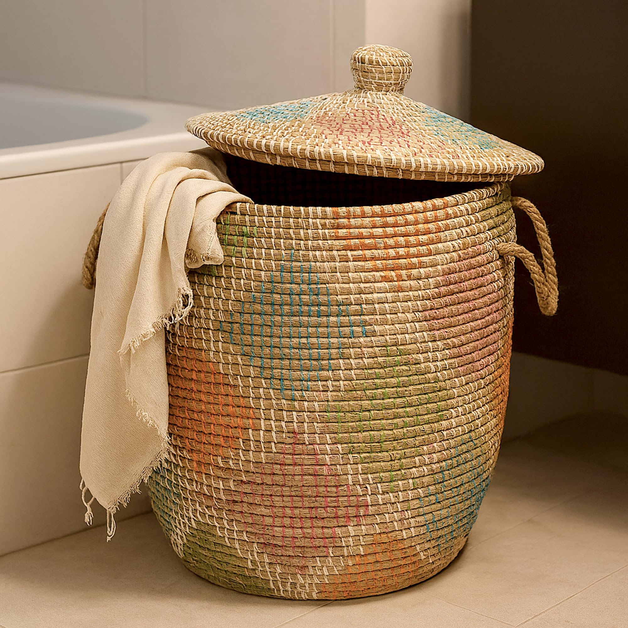 Habere India-All The Cultures Fabricating India Laundry Basket With Lid | Toy Storage Basket | Jute Basket for Clothes - Oval (D:46Xh:51)-picture-12