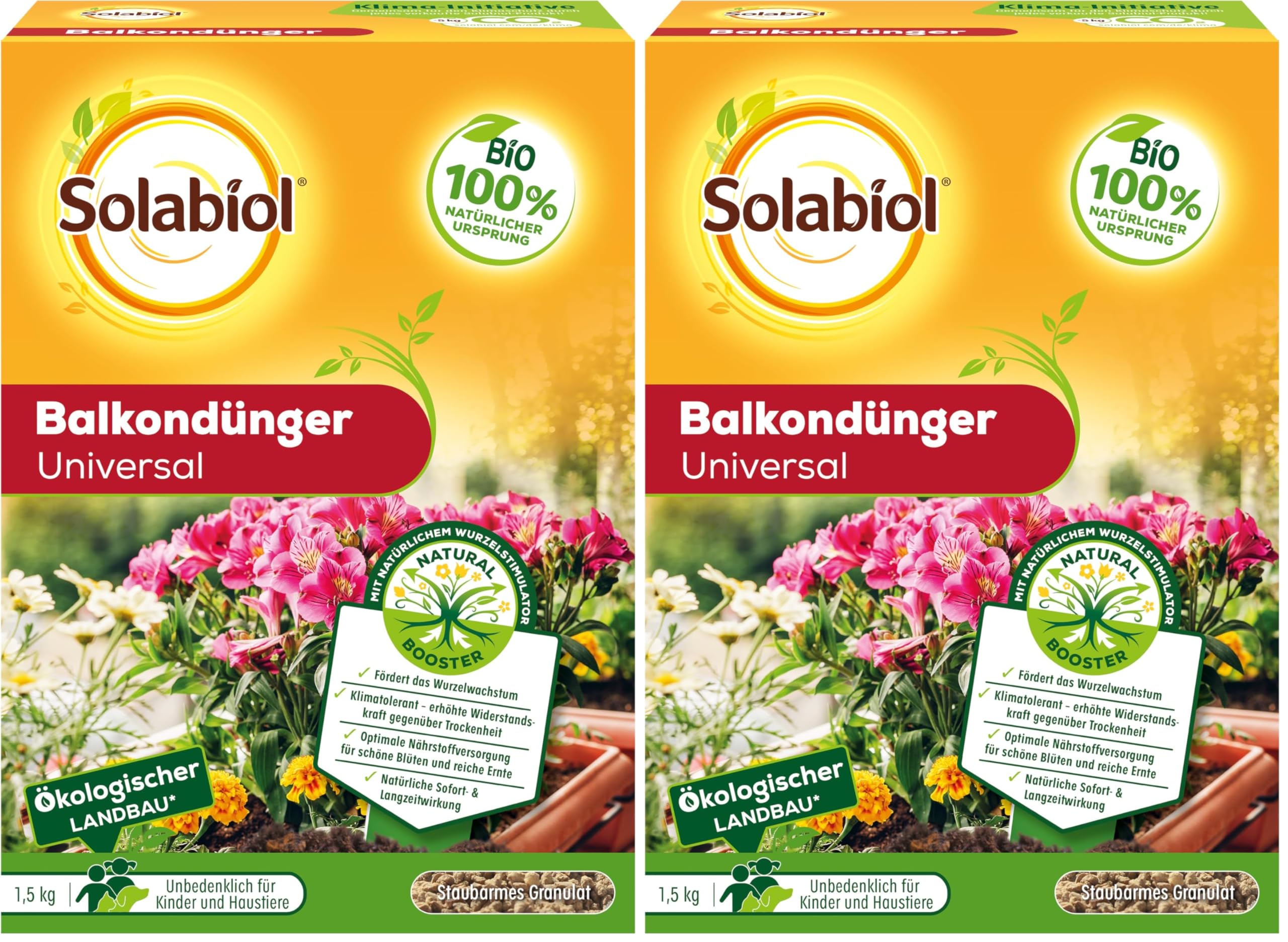 Solabiol Bio Universaldünger für Balkonpflanzen, Natürlicher Blumendünger mit Wurzelstimulator und Sofort- sowie Langzeitwirkung, 1,5 kg (Packung mit 2)