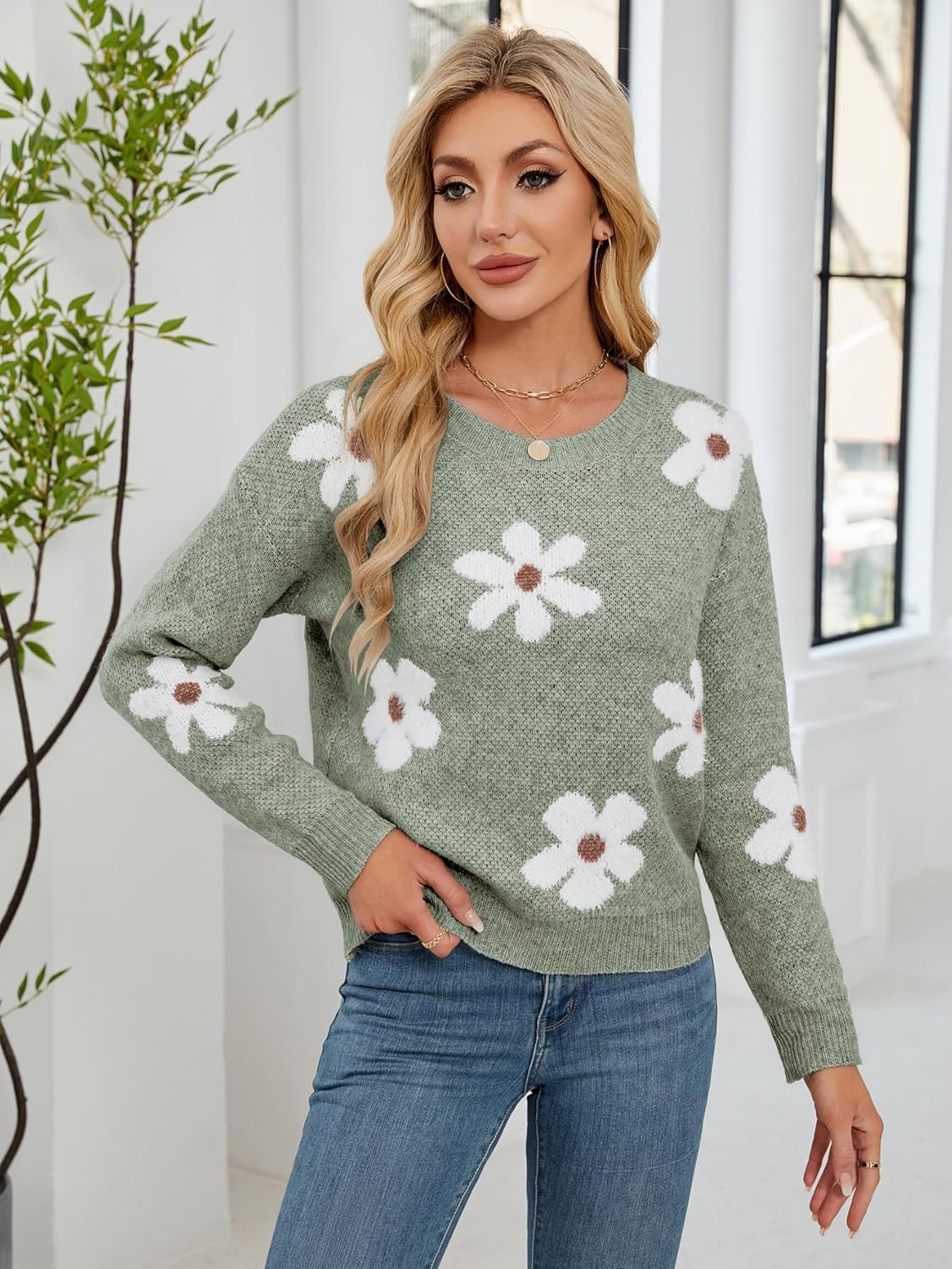 Womens Oversized Cute Flower Sweater Winter 2025 Trendy Ladies Dressy Fuzzy Knit Crew Neck Long Sleeve Pullover Top - Image 2