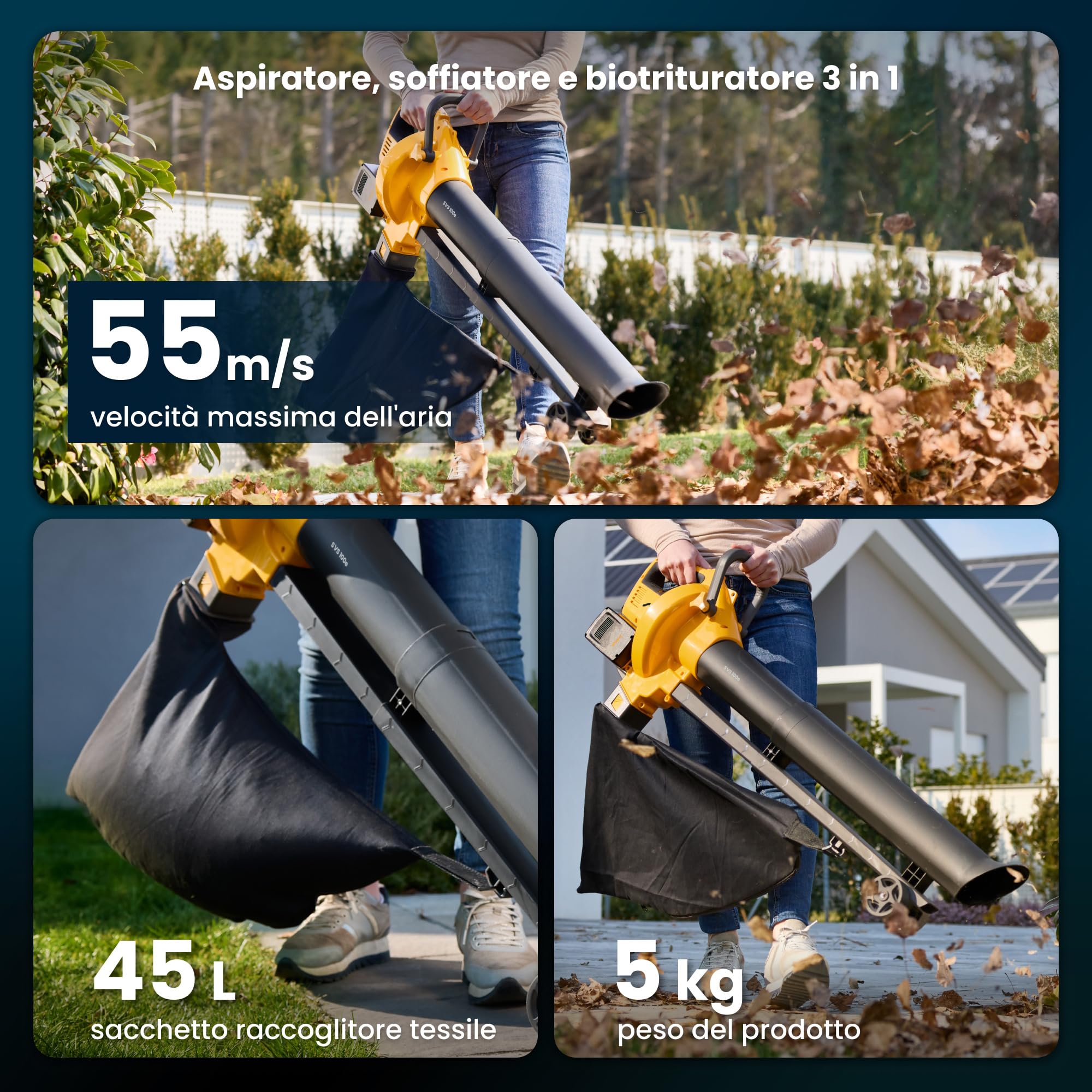 STIGA SVS 100e Kit Soffiatore-Aspiratore Trituratore 3-in-1, 20 V 2x4 Ah – Motore Brushless 600 W, Sacco 45 L – Per Giardinaggio Domestico