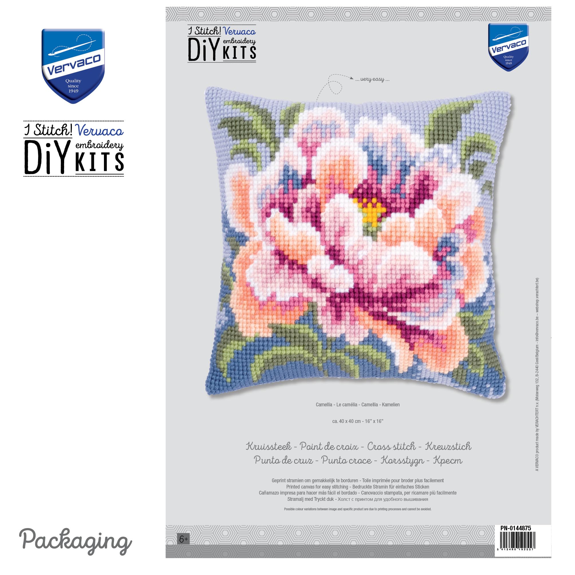 VERVACO Kit Cuscino Punto Croce Camelia Set Ricamo Principianti Cuscini Gobelin Decorativi ca. 40 x 40 cm Accessori per Lavoretti Creativi DIY Casa Decor Hobby Adulti Cross Stitch