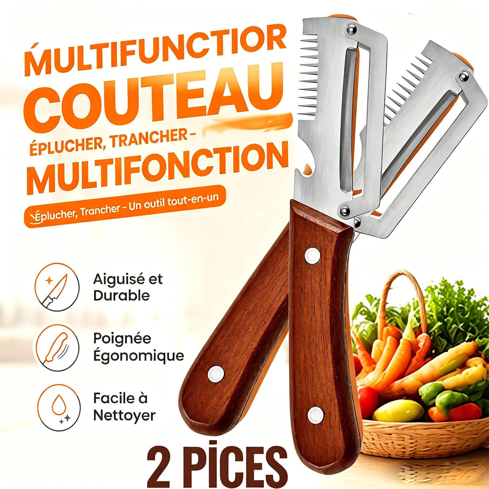 Éplucheur de légumes multifonction 5 en 1 avec lame en acier inoxydable, manche en bois, décapsuleur, écailleur à poisson et coupe-oignon