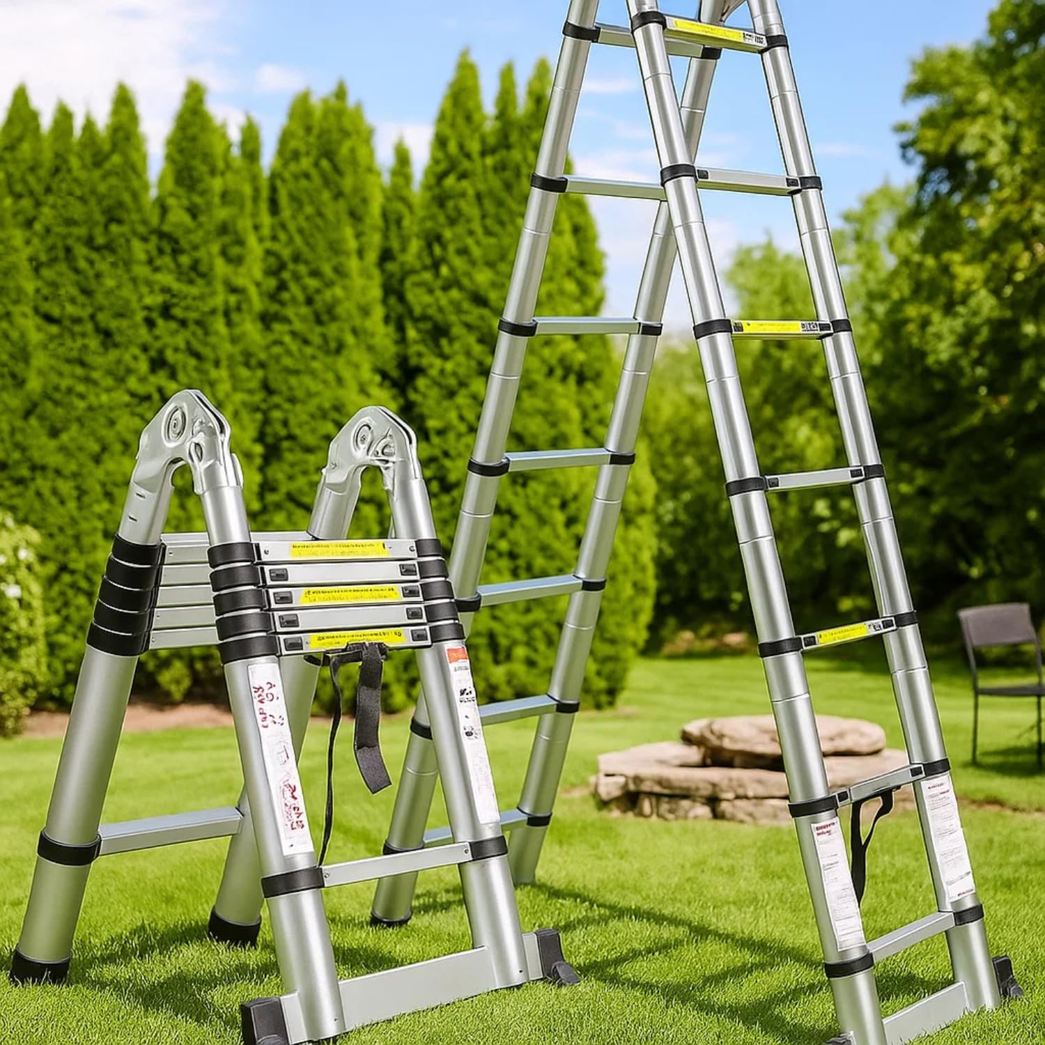 KRISHYAM 12.5FT Aluminum Telescoping Extension Ladder, 1.9M+1.9M Multi-Purpose Folding A-Frame Ladder with Hinges, Portable for Indoor & Outdoor Use