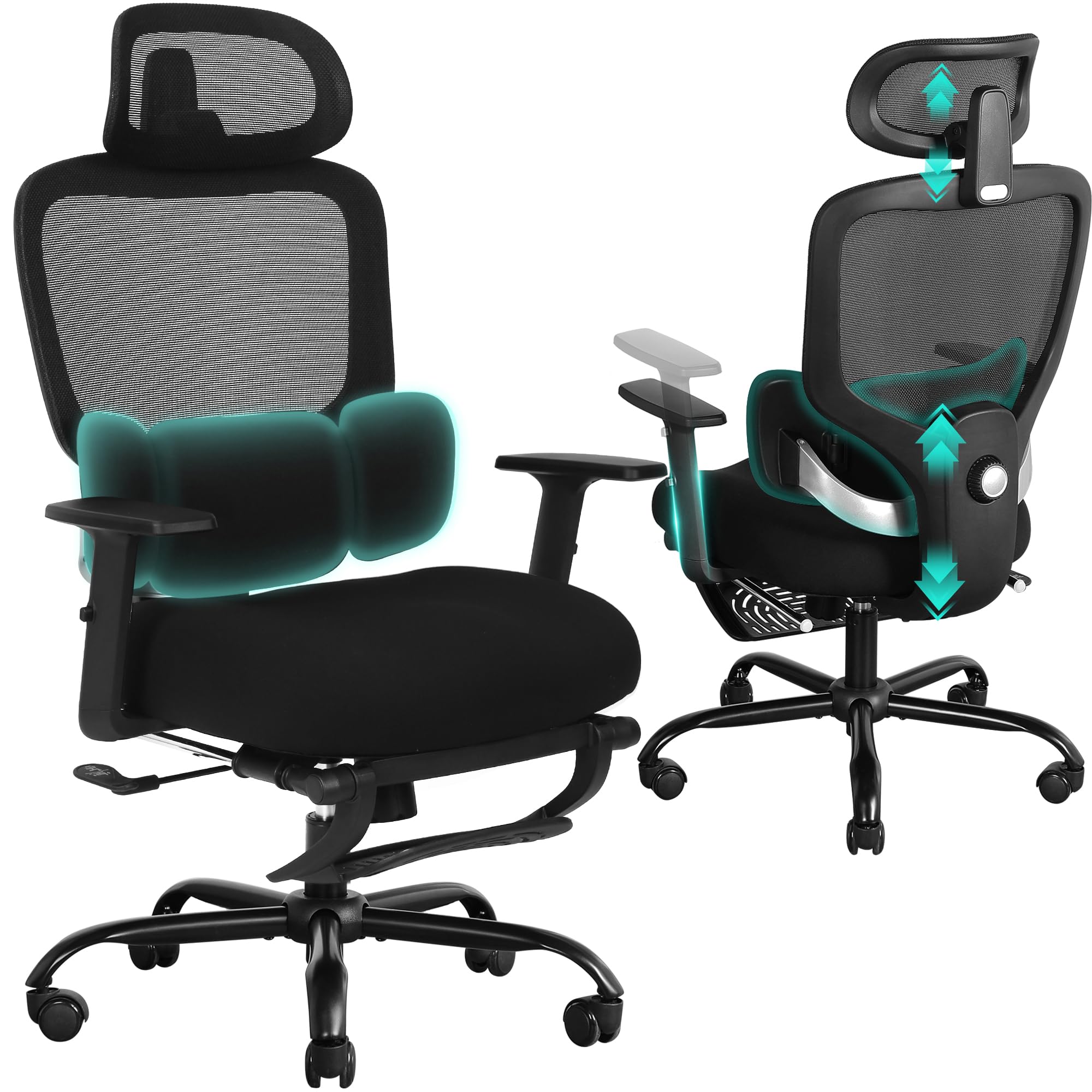 ergonomic office chair with footrest, mesh desk chair with adjustable headrest & armrests & dynamic floating wing lumbar support, high back computer chair for home office, bifma certified, black