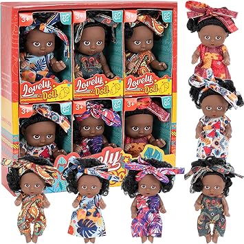 6-Piece Black Mini Doll Set, 4.3 Inch Cute Animal Themed Dolls with Colorful Outfits, Resin Baby Toddler Toy in Gift Box, Ages 3+