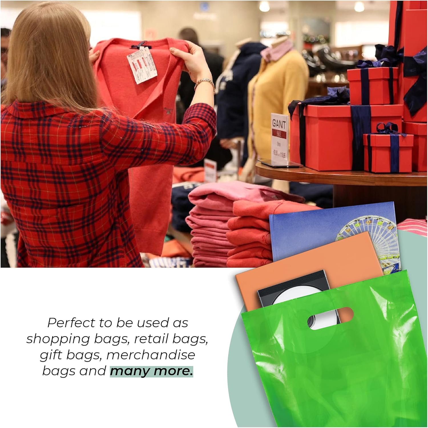 100 Pack Green Merchandise Bags 12 x 15 Inches, 1.25 Mil Thick Glossy Plastic Retail Shopping Bags with Die Cut Handles, Recyclable Bulk Bags for Stores, Events, Gifts - Image 3