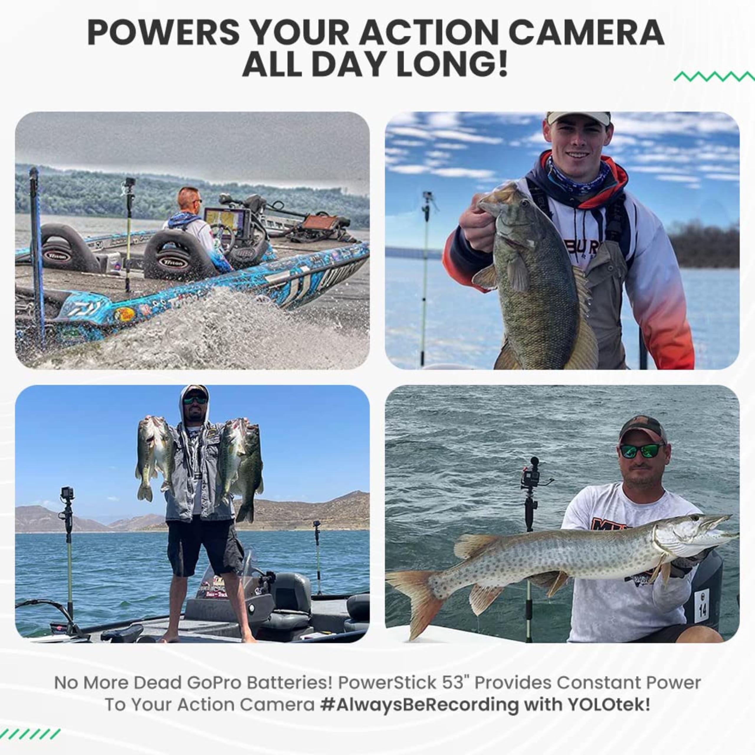 YOLOtek Veteran Owned - PowerStick 53 Stick Only - Boat Mount Give Constant Power for GoPro DJI Insta360 Mevo & All Action Cameras - Hands-Free Recording While Fishing or Boating product thumbnail 7