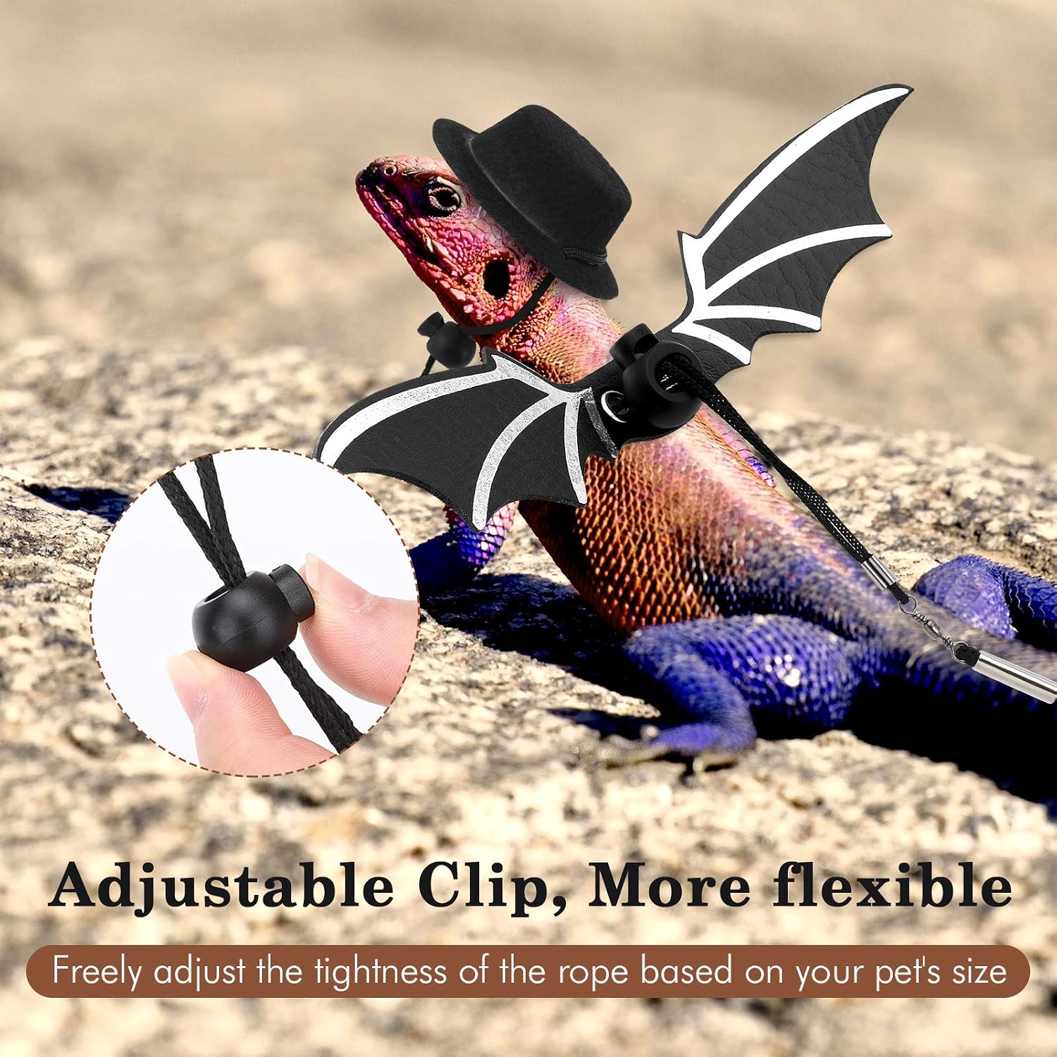 Lewondr 3 Pack Bearded Dragon Lizard Leash Harness Adjustable Bat Wings with Hat & Bowknot Soft Leather Reptile Leash 3 Different Size(S,M,L) for Amphibians and Other Small Pet Animals - Black & Red