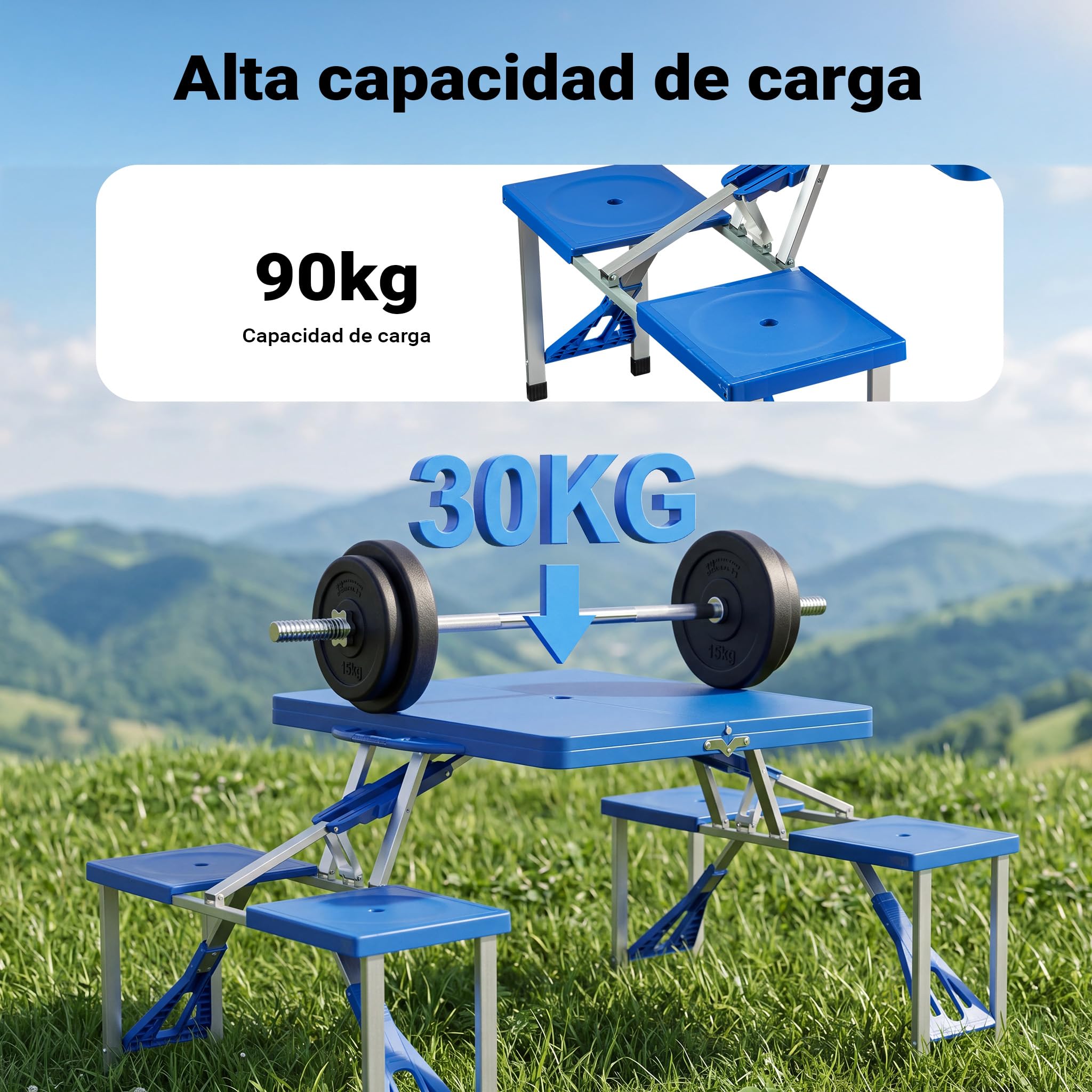 WilTec Set de Camping Plegable Mesa y 4 Asientos en una Pieza Outdoor Picnic Acampada Vacaciones Excursión