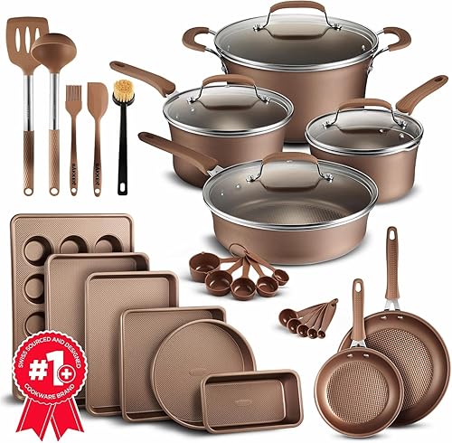 BAKKEN Swiss - Juego de utensilios de cocina 23 piezas Ollas de cocina de varios tamaños dorados con tapas sartenes y utensilios para hornear BAKKEN Swiss - Juego de utensilios de cocina 23 piezas Ollas de cocina de varios tamaños dorados con tapas sartenes y utensilios para hornear