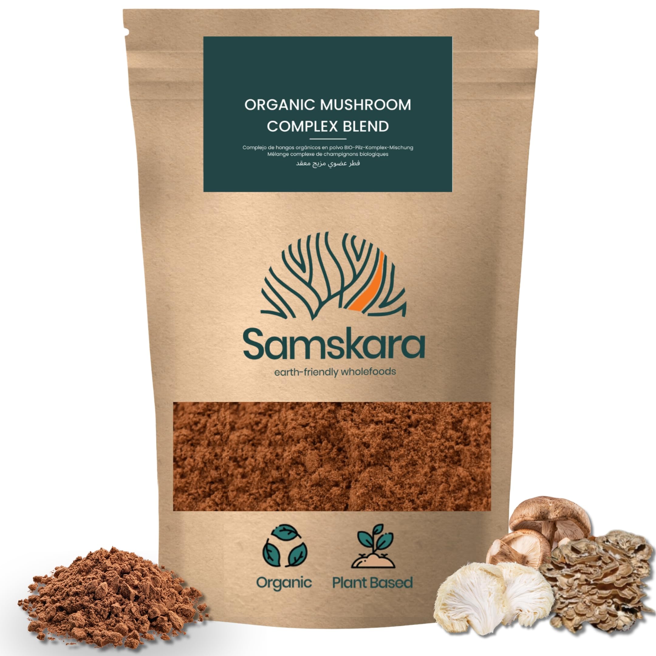 Samskara Complejo de Setas Hongos Medicinales en Polvo BIO | Reishi, Chaga, Maitake, Shiitake, Cordyceps, Melena de León | Mushroom Complex con Minerales | Frescura Garantizada (250 gr, Sin sabor)