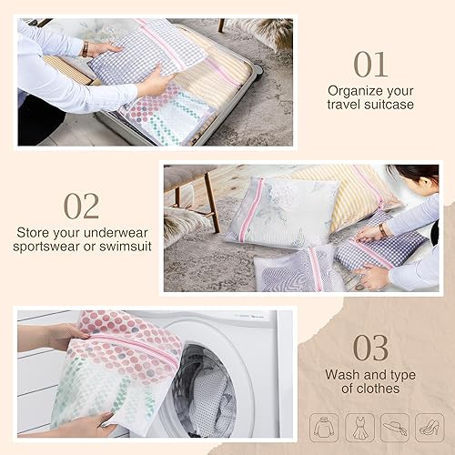 Miniatura 5 de GREENSTELL - Cesta de ropa con tapa, 125 L con 3 grandes secciones para ropa extraíbles y 2 bolsas de tela y 5 bolsas de malla, cesta de ratán